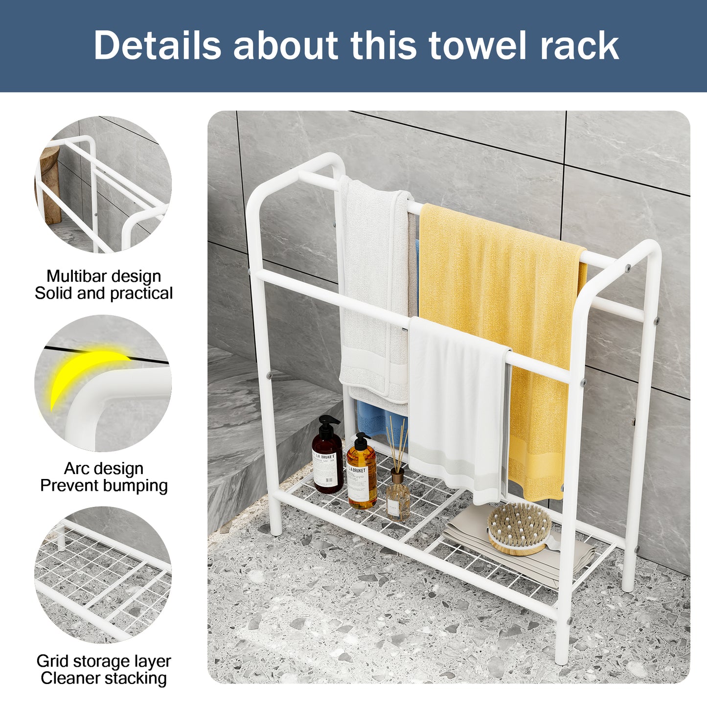 VIYET 30" 3-Tier Metal Towel Rack, Freestanding White Storage Holder (Bathroom/Bedroom/Pool Display Organizer)