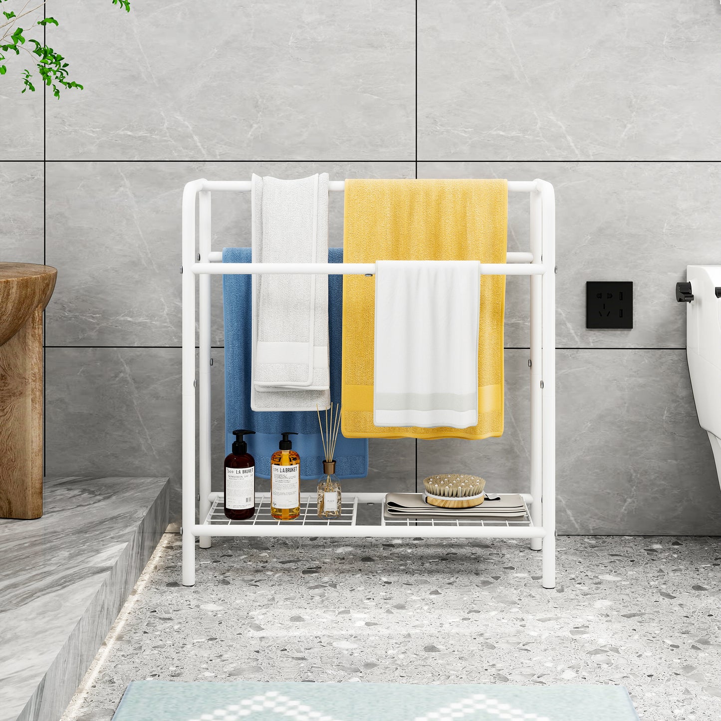 VIYET 30" 3-Tier Metal Towel Rack, Freestanding White Storage Holder (Bathroom/Bedroom/Pool Display Organizer)