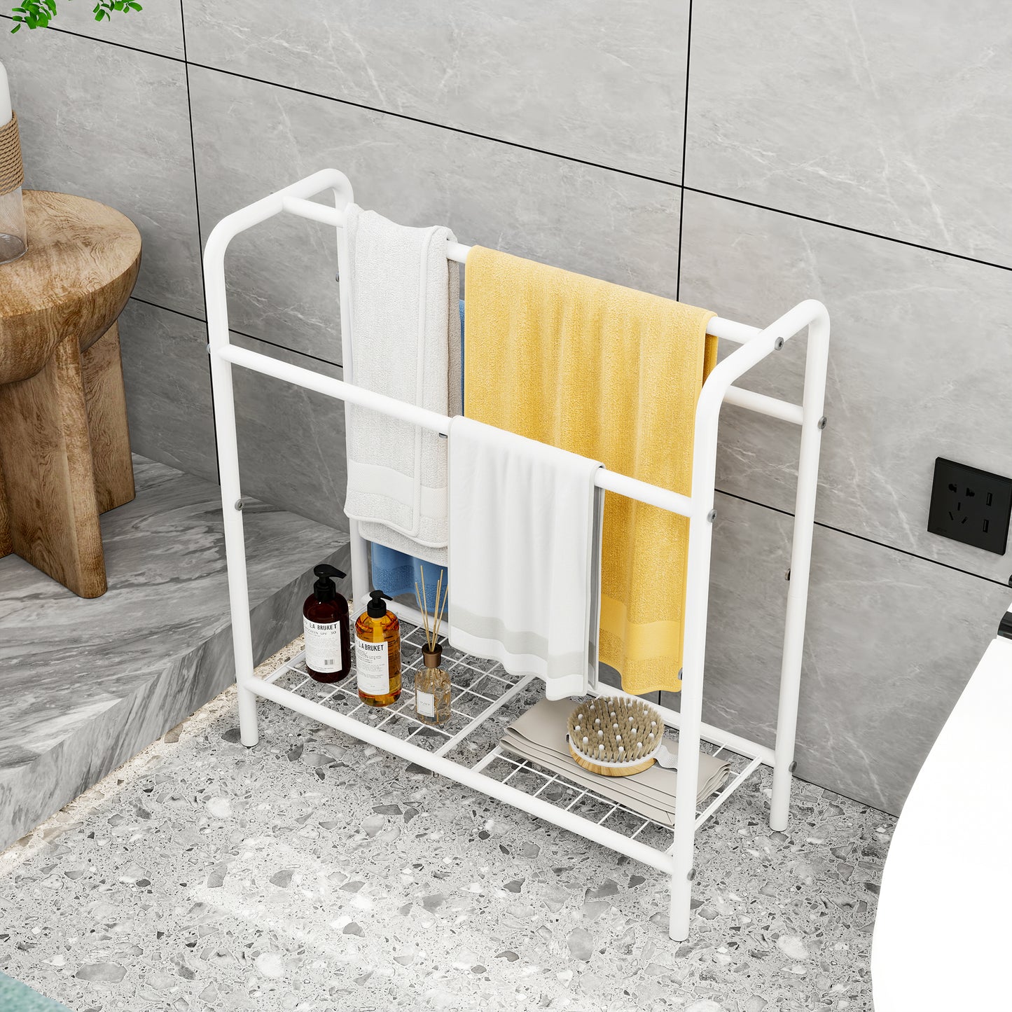 VIYET 30" 3-Tier Metal Towel Rack, Freestanding White Storage Holder (Bathroom/Bedroom/Pool Display Organizer)