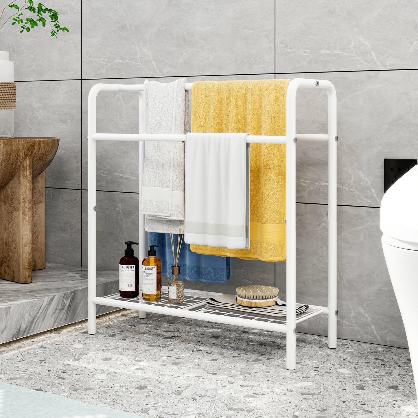 VIYET 30" 3-Tier Metal Towel Rack, Freestanding White Storage Holder (Bathroom/Bedroom/Pool Display Organizer)