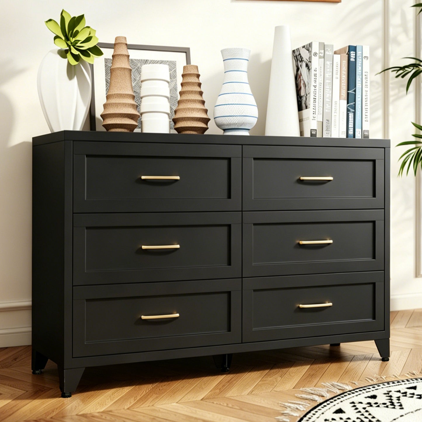 VIYET 6-Drawer Black Dresser for Bedroom, Low-Profile Chest of Drawers with Smooth-Glide Storage