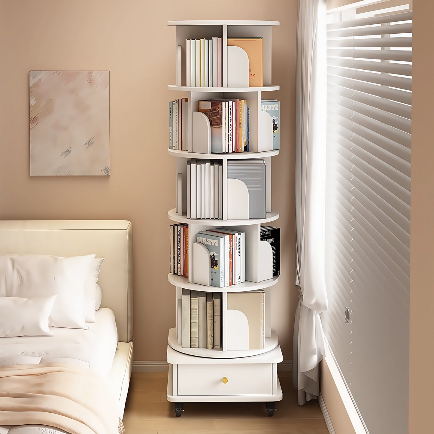 VIYET 68" 6-Tier 360° Rotating Bookshelf, WhiteColor MDF Tower w/ Wheels& Drawer (Space-Saving Storage for Home/Office)