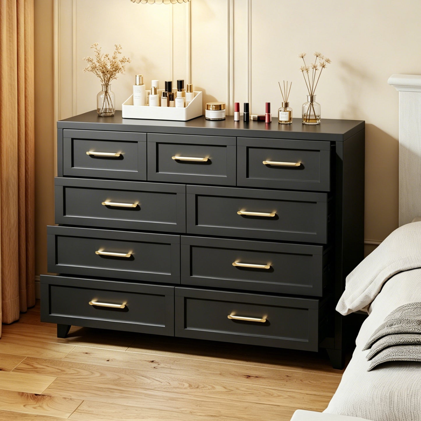 VIYET 9-Drawer Black Dresser for Bedroom, Tall Wide Chest of Drawers with Smooth-Glide Storage