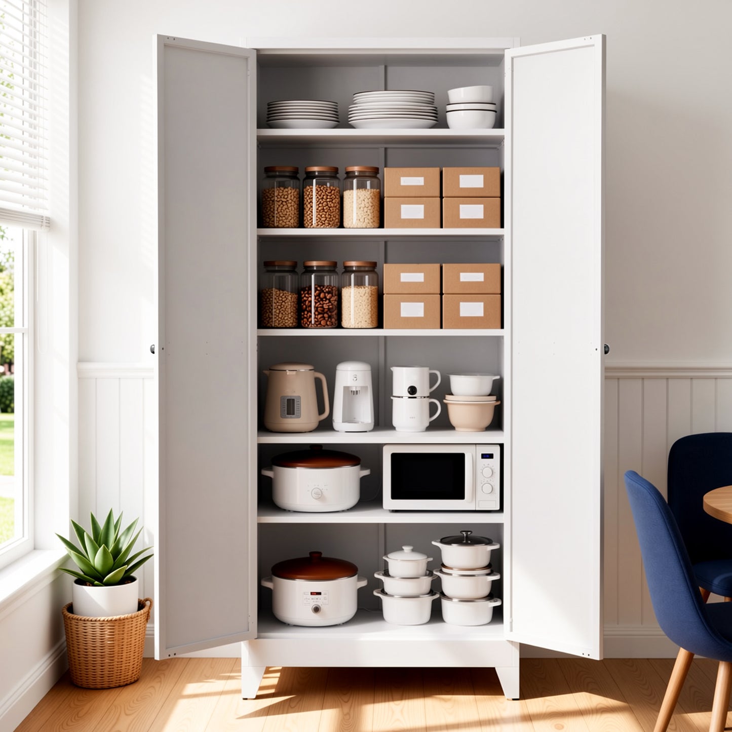 VIYET 75" Metal Kitchen Pantry Cabinet, Tall Freestanding Storage Cabinet with 5 Adjustable Shelves, Steel Organizer for Kitchen, Dining Room, White