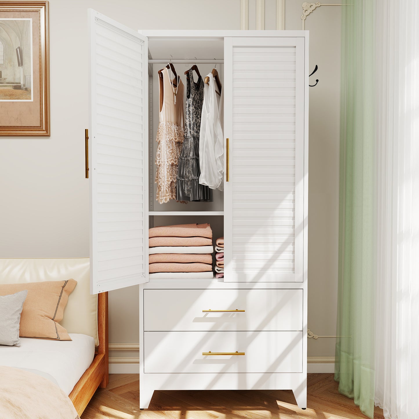VIYET 71" Metal Wardrobe Closet with 2 Doors & 2 Drawers, Freestanding Steel Storage Cabinet with Hanging Rod & Adjustable Shelf
