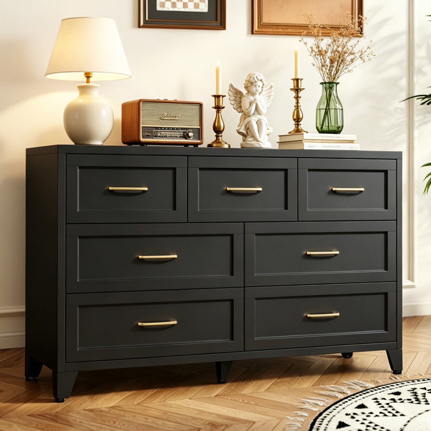 VIYET 7-Drawer Black Dresser, Wide Low-Profile Bedroom Storage Chest with Smooth-Glide Drawers