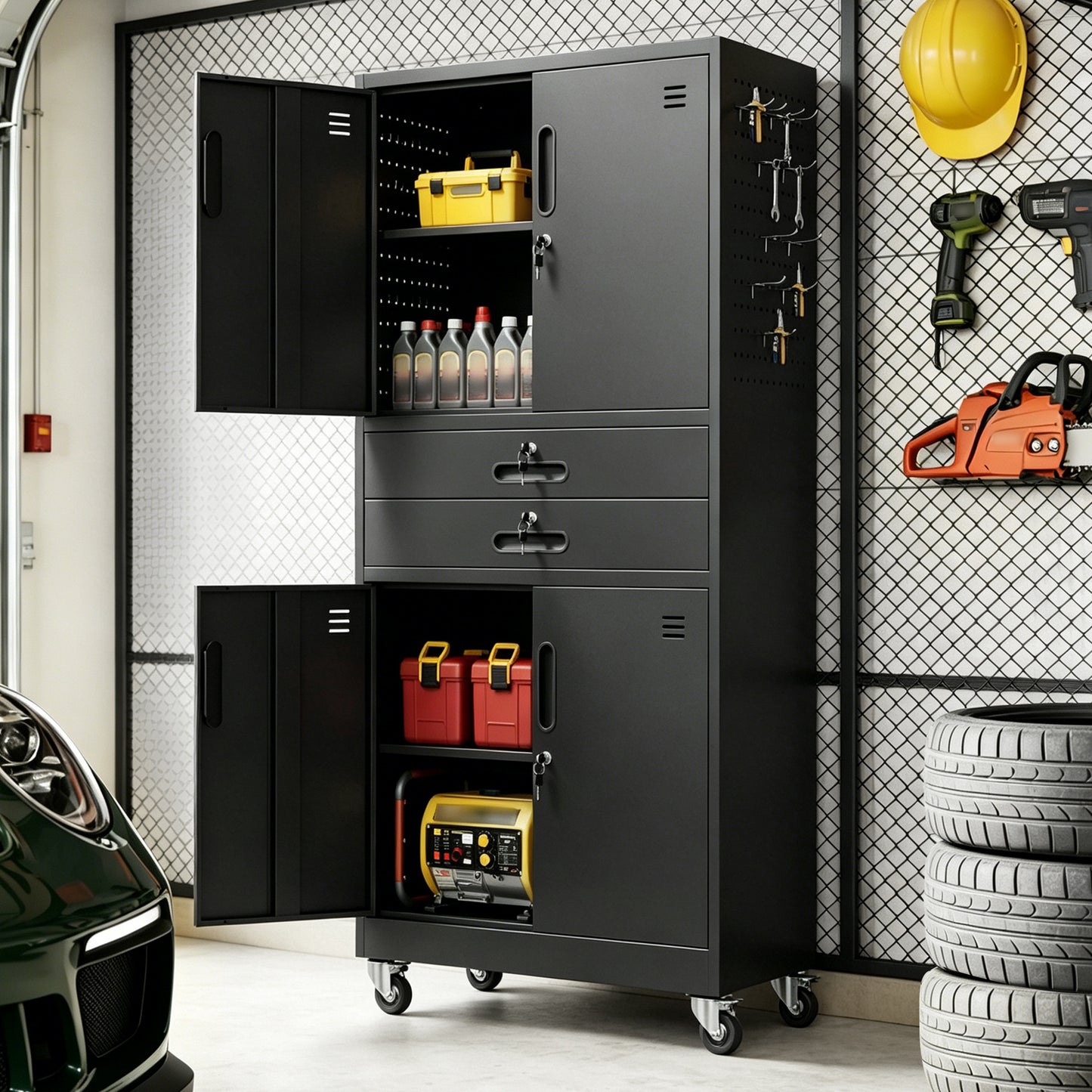 VIYET 71" Metal Garage Storage Cabinet with Drawers, Locking Doors, Pegboard, Wheels & Adjustable Shelves for Workshop Utility Room