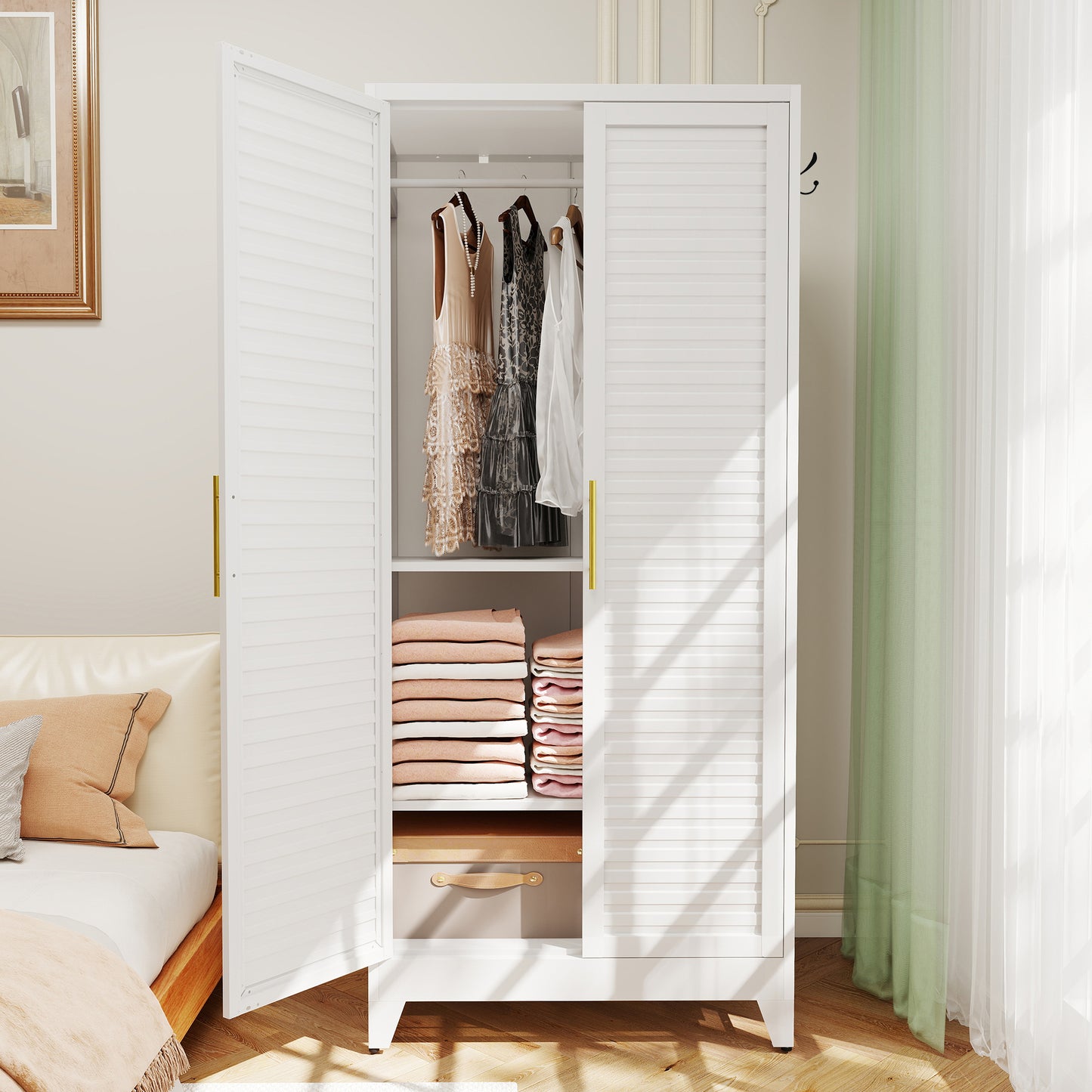 VIYET 71" Metal Wardrobe Closet with 2 Doors, Hanging Rod & Adjustable Shelves, Freestanding Steel Storage Cabinet for Bedroom, Apartment, Dorm