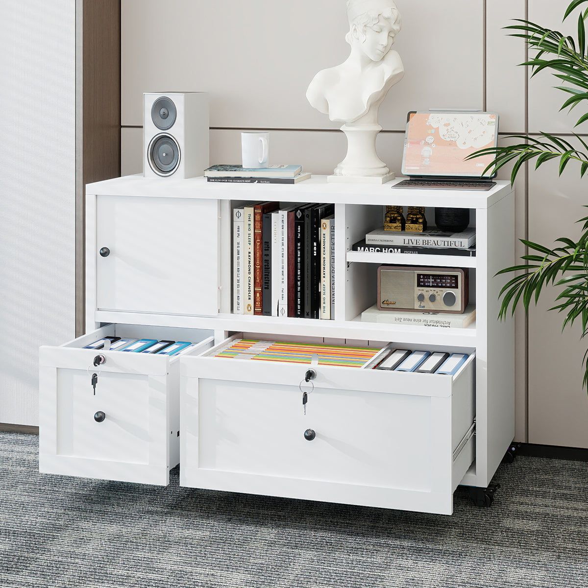 VIYET 28" White Metal 2-Drawer Lateral File Cabinet with Lock and Wheels, Rolling Office Storage for Letter, Legal & A4 Files