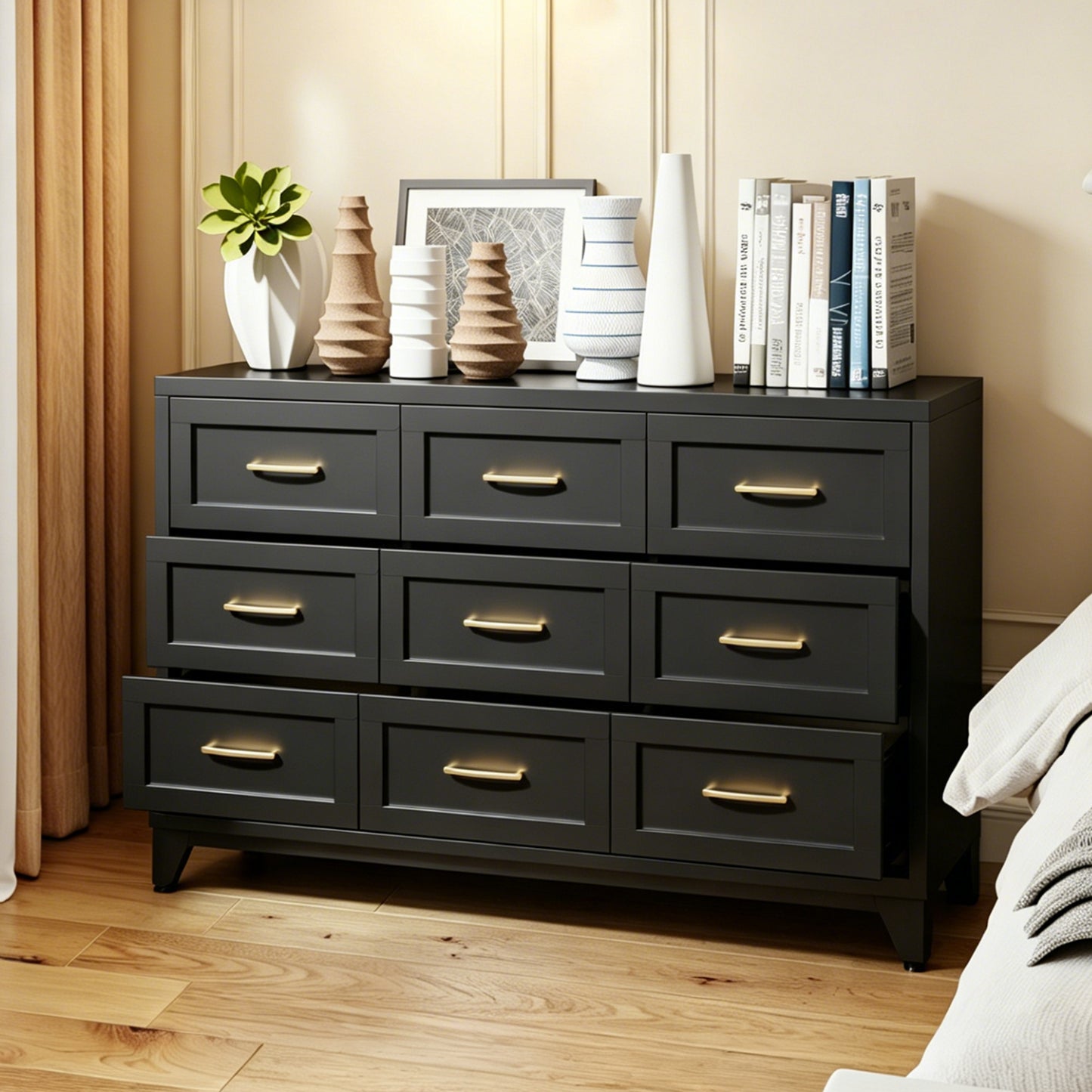 VIYET 9-Drawer Black Dresser for Bedroom, 52" Wide Low-Profile Chest of Drawers with Smooth-Glide Storage