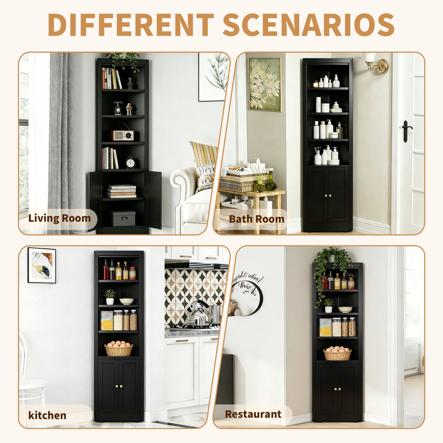 VIYET 71" Tall Black Corner Storage Cabinet, 5-Tier Freestanding Metal Corner Organizer with Adjustable Shelves & Doors