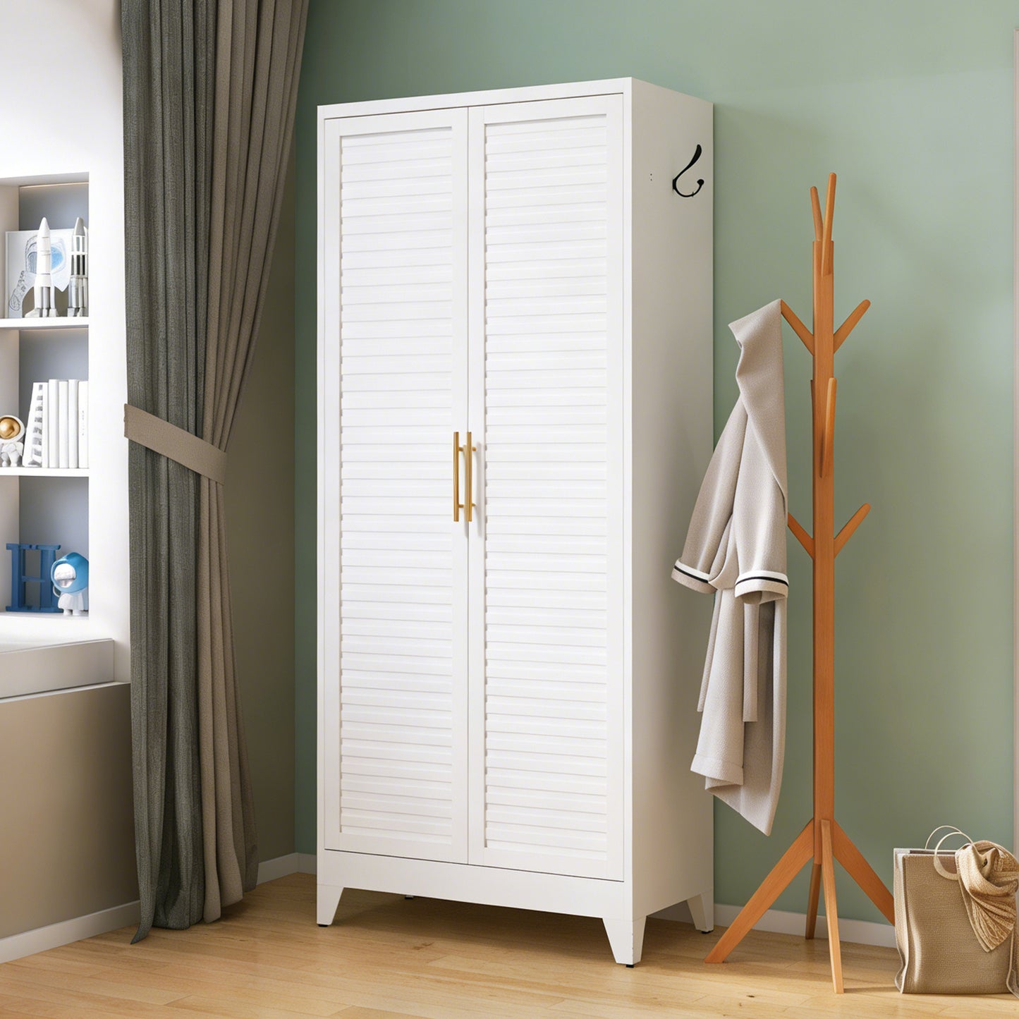 VIYET 71" Metal Wardrobe Closet with Adjustable Hanging Rod, Louvered Doors, Side Hooks & Shelves, Heavy Duty Clothing Storage Cabinet for Bedroom, Laundry Room, White