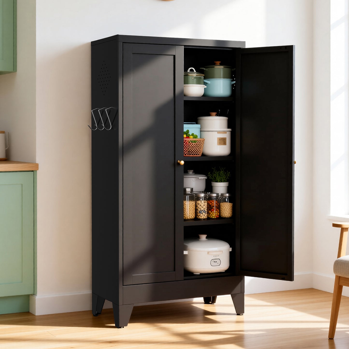 VIYET 47" Black Metal Pantry Cabinet with Adjustable Shelves, Freestanding Kitchen Storage Cabinet with Doors for Pantry, Bathroom & Living Room