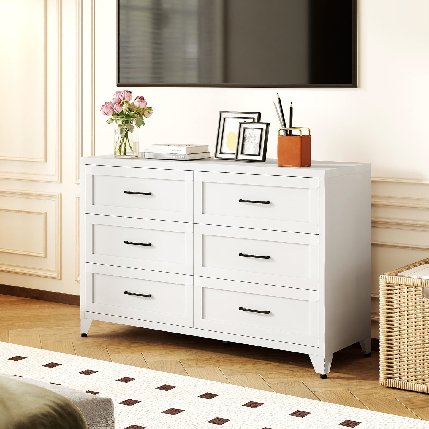 VIYET 6-Drawer White Dresser for Bedroom, Modern Metal Storage Chest with Smooth-Glide Drawers for Closet, Hallway & Entryway