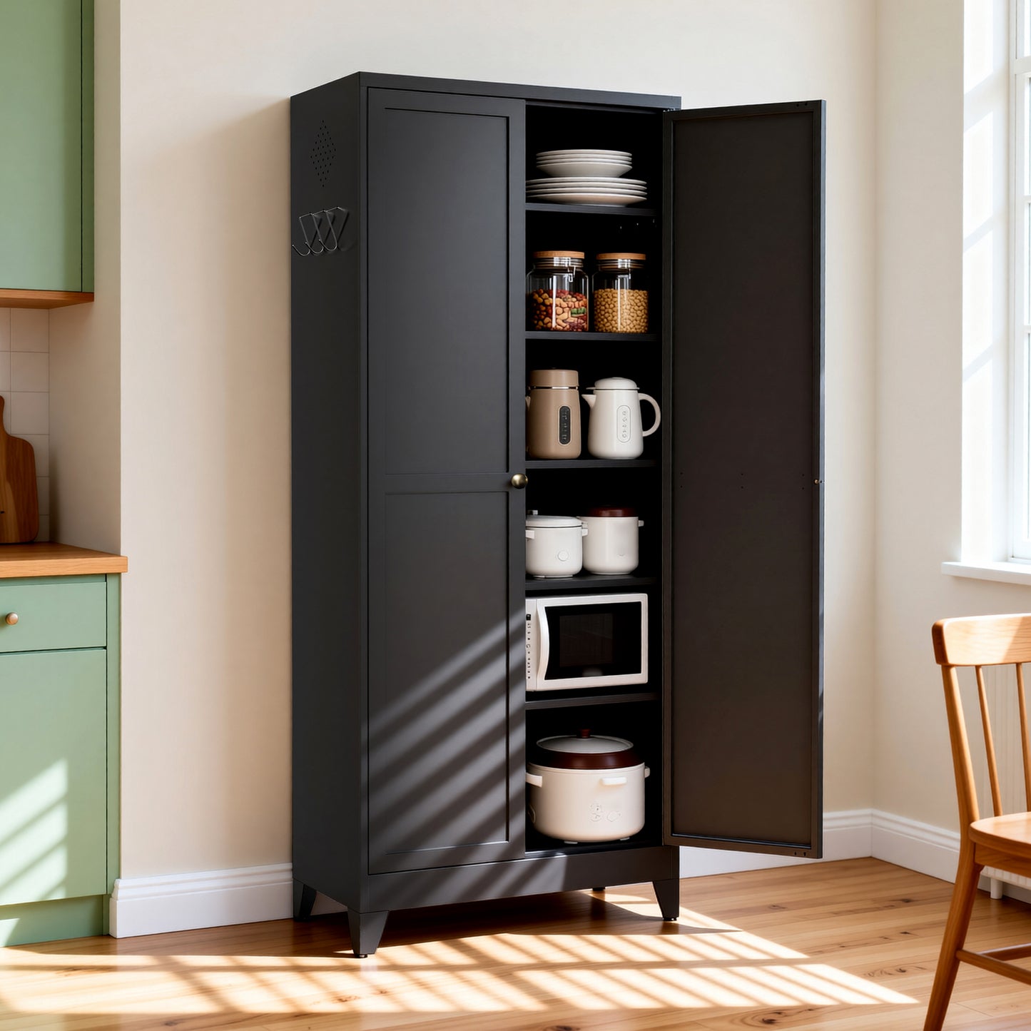 VIYET 75" Metal Kitchen Pantry Cabinet, Tall Freestanding Storage Cabinet with 5 Adjustable Shelves, Heavy Duty Steel Organizer for Kitchen, Dining Room, Black