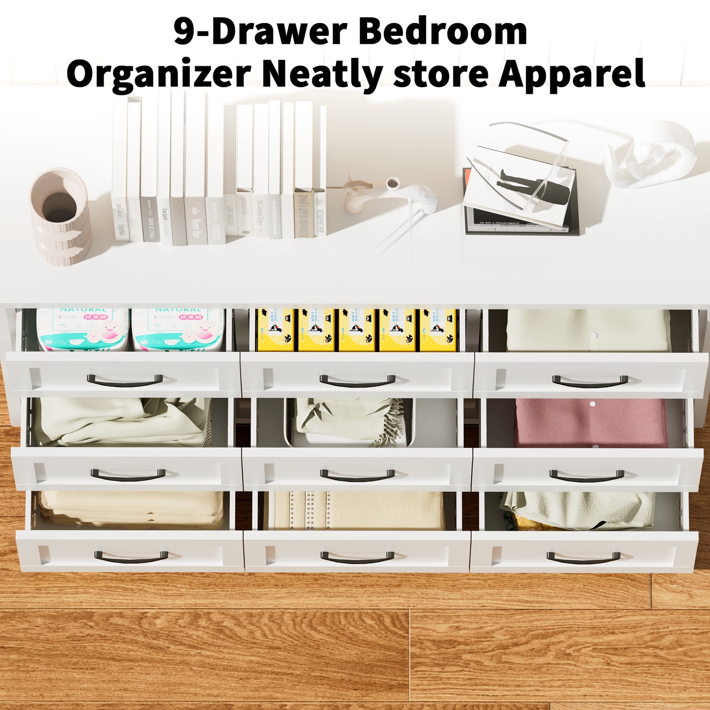 VIYET 9-Drawer Wide Dresser, White Bedroom Storage Chest with Smooth-Glide Drawers for Closet, Hallway & Entryway