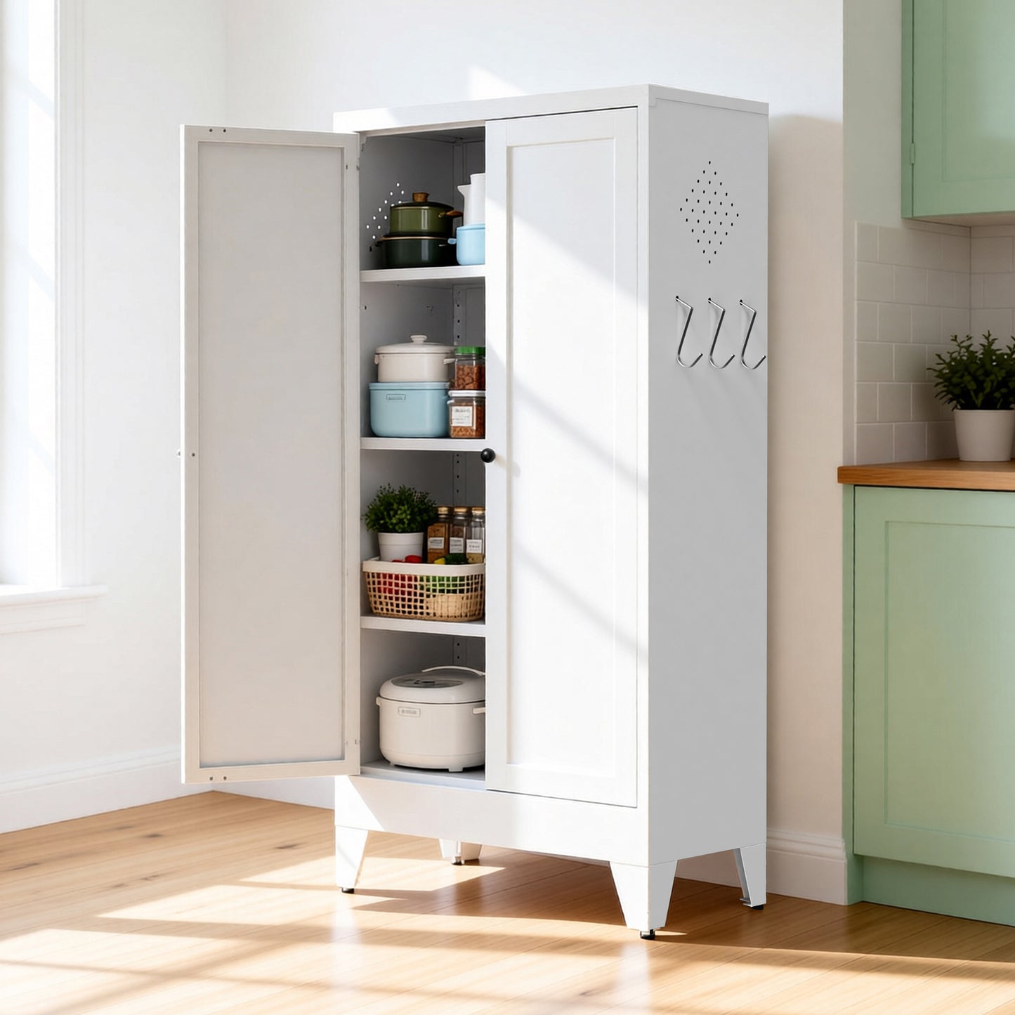 VIYET 47" Metal Pantry Cabinet with Adjustable Shelves, Freestanding Kitchen Storage Cabinet with Doors for Pantry, Bathroom & Living Room