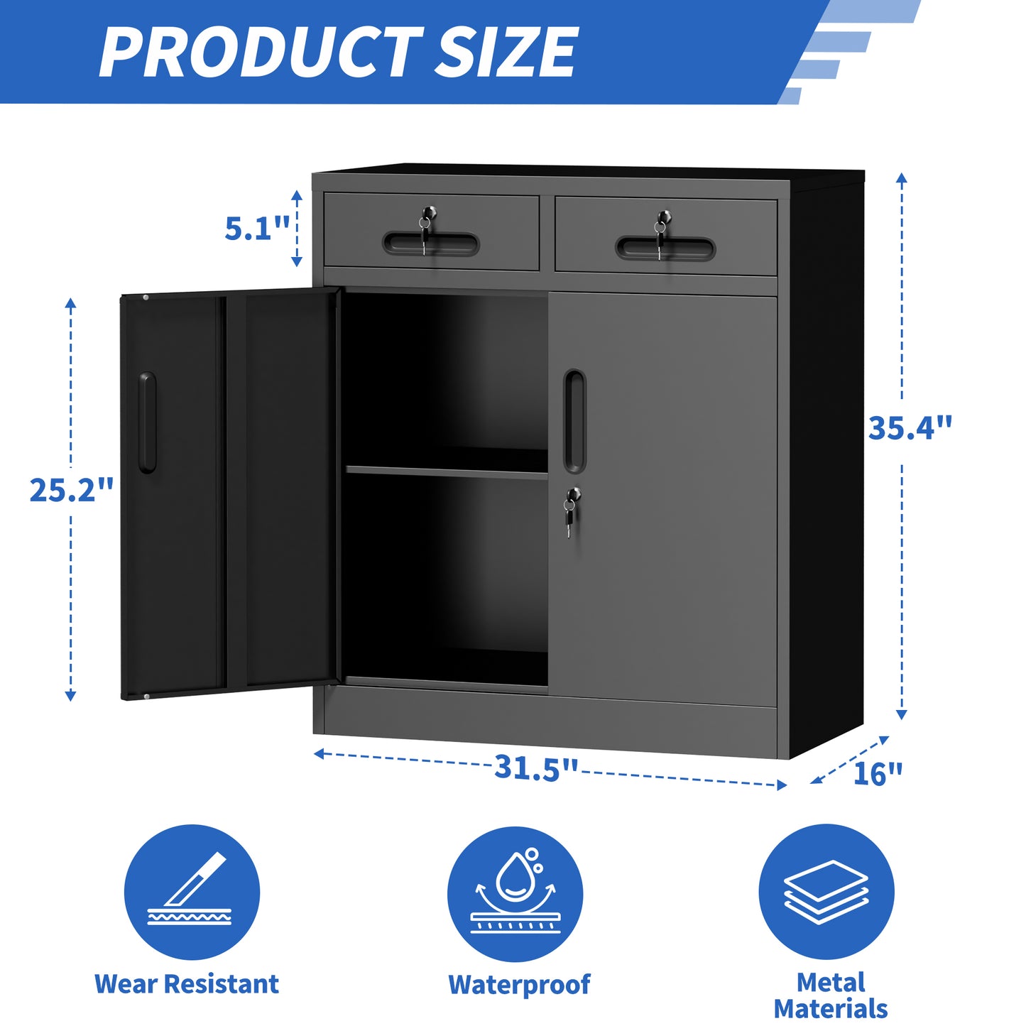 VIYET 35" Metal Storage Cabinet with Lock & 2 Drawers, Locking Steel Office File Cabinet with Adjustable Shelf for Home, Garage & School