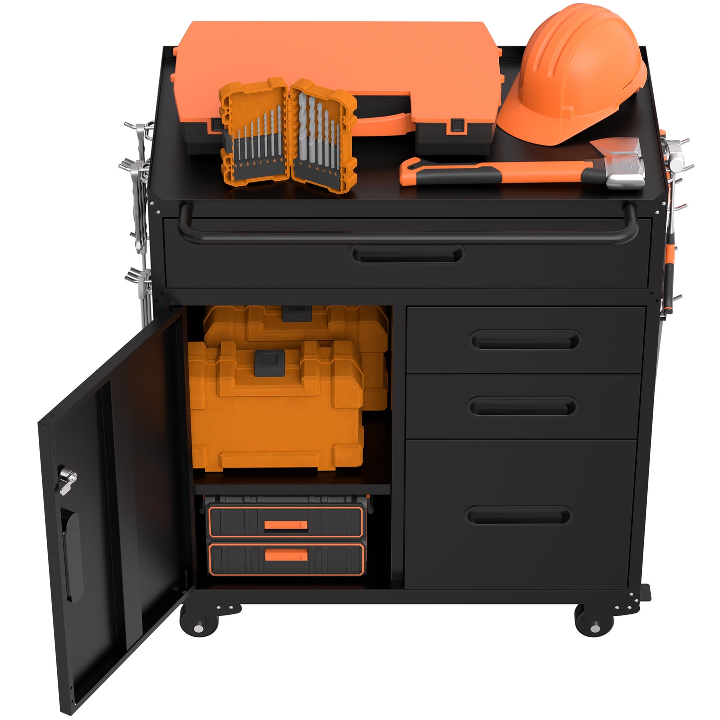 VIYET 34" 4-Drawer Mobile Tool Cabinet - Heavy-Duty Steel Garage Organizer with Lockable Storage Compartment & Rolling Workshop Chest, Black