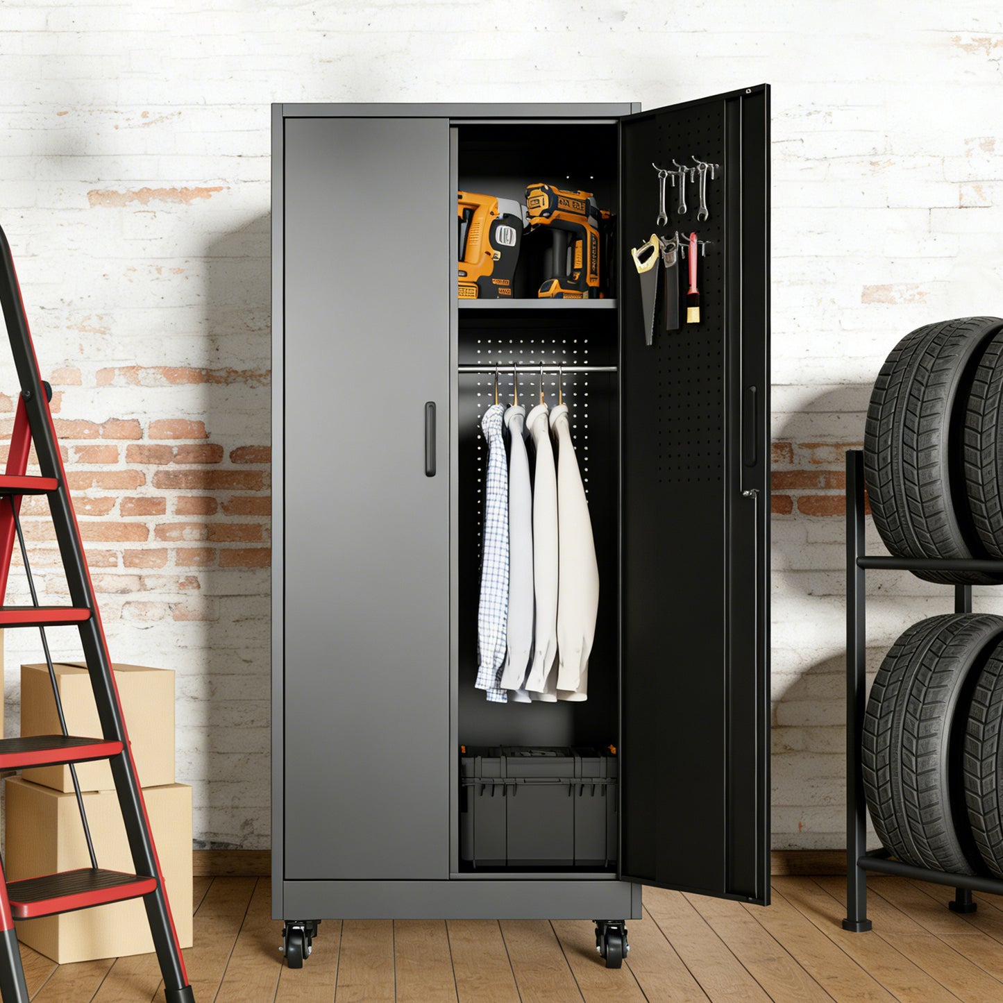 VIYET 71" Rolling Metal Storage Locker with Lockable Doors, Freestanding Steel Wardrobe Cabinet for Home Office School Gym