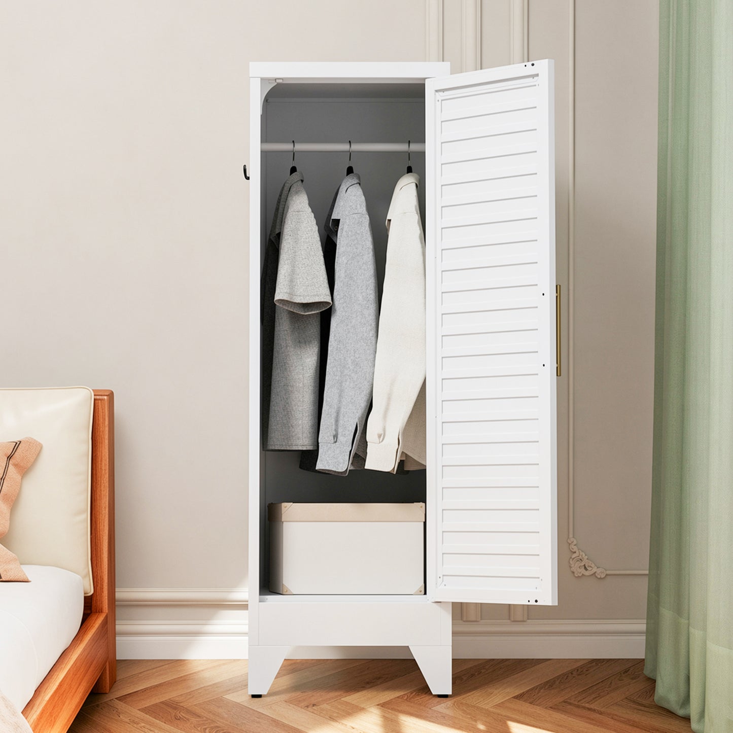 VIYET 47.2" Narrow Metal Wardrobe Closet, Slim Storage Cabinet with Louvered Door and Hanging Rail, Freestanding Clothes Organizer for Bedroom, Apartment, Dorm, White