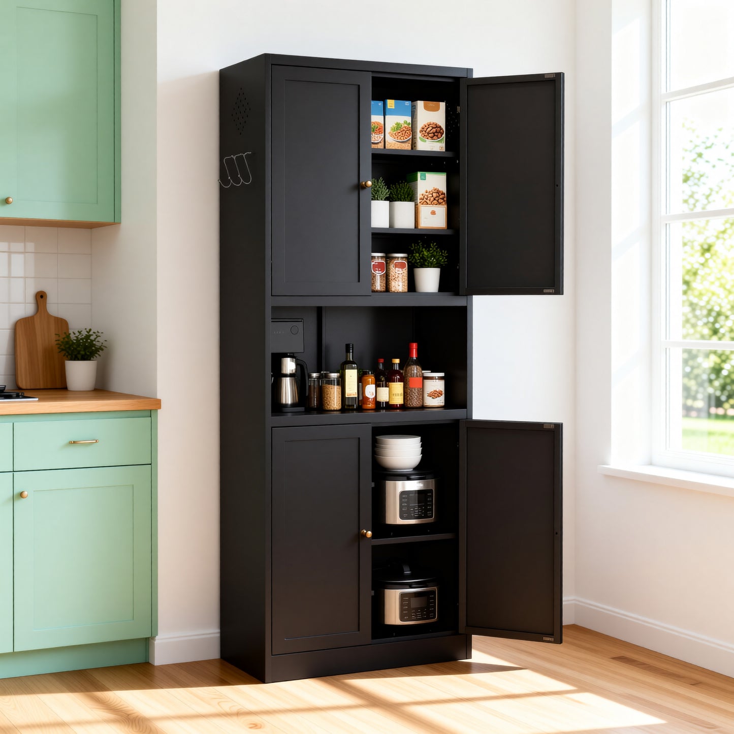VIYET 72" Black Metal Kitchen Pantry Cabinet with Large Countertop, Adjustable Shelves & Hooks, Freestanding Coffee Bar Storage Cabinet