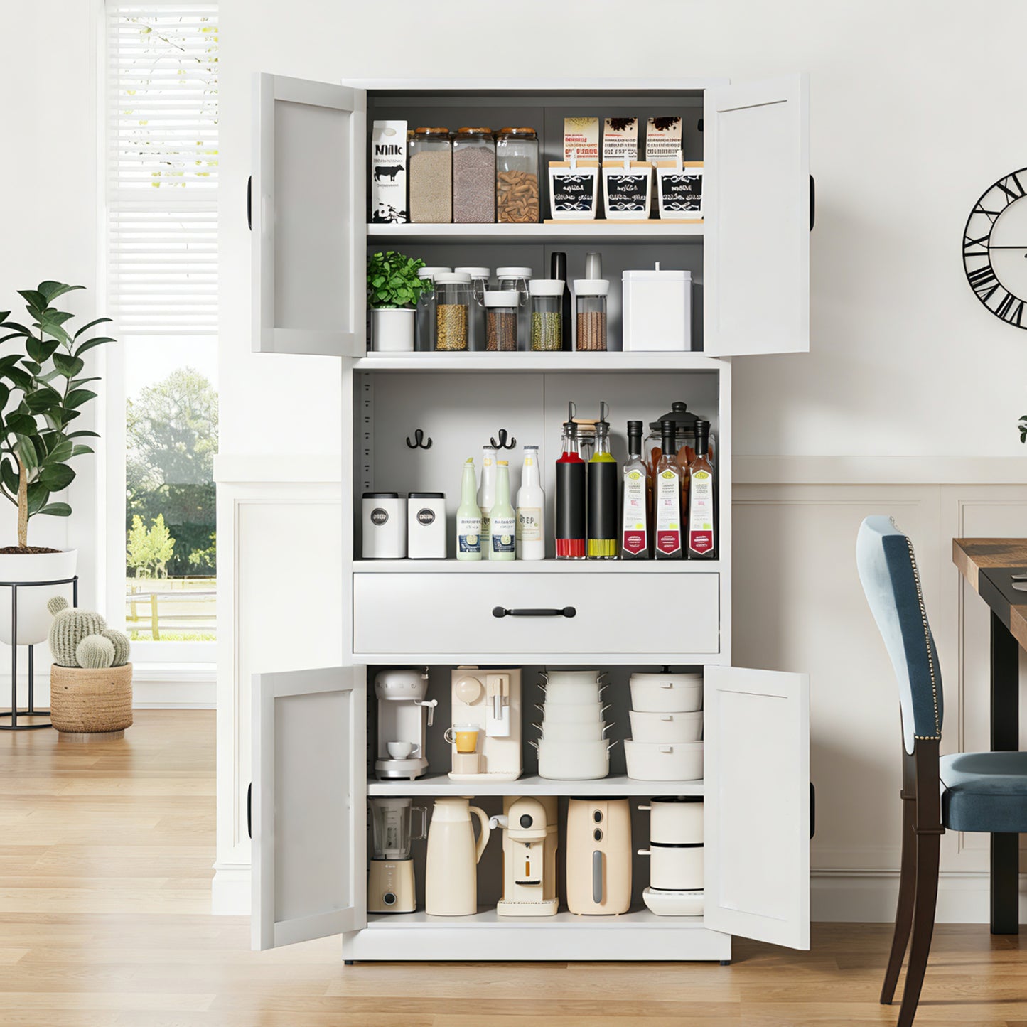 VIYET 71"H Heavy-Duty White Steel Pantry Cabinet,Large Countertop+Adjustable Shelves+Drawers+Hooks,Modern Storage for Kitchen/Bathroom/Living Room