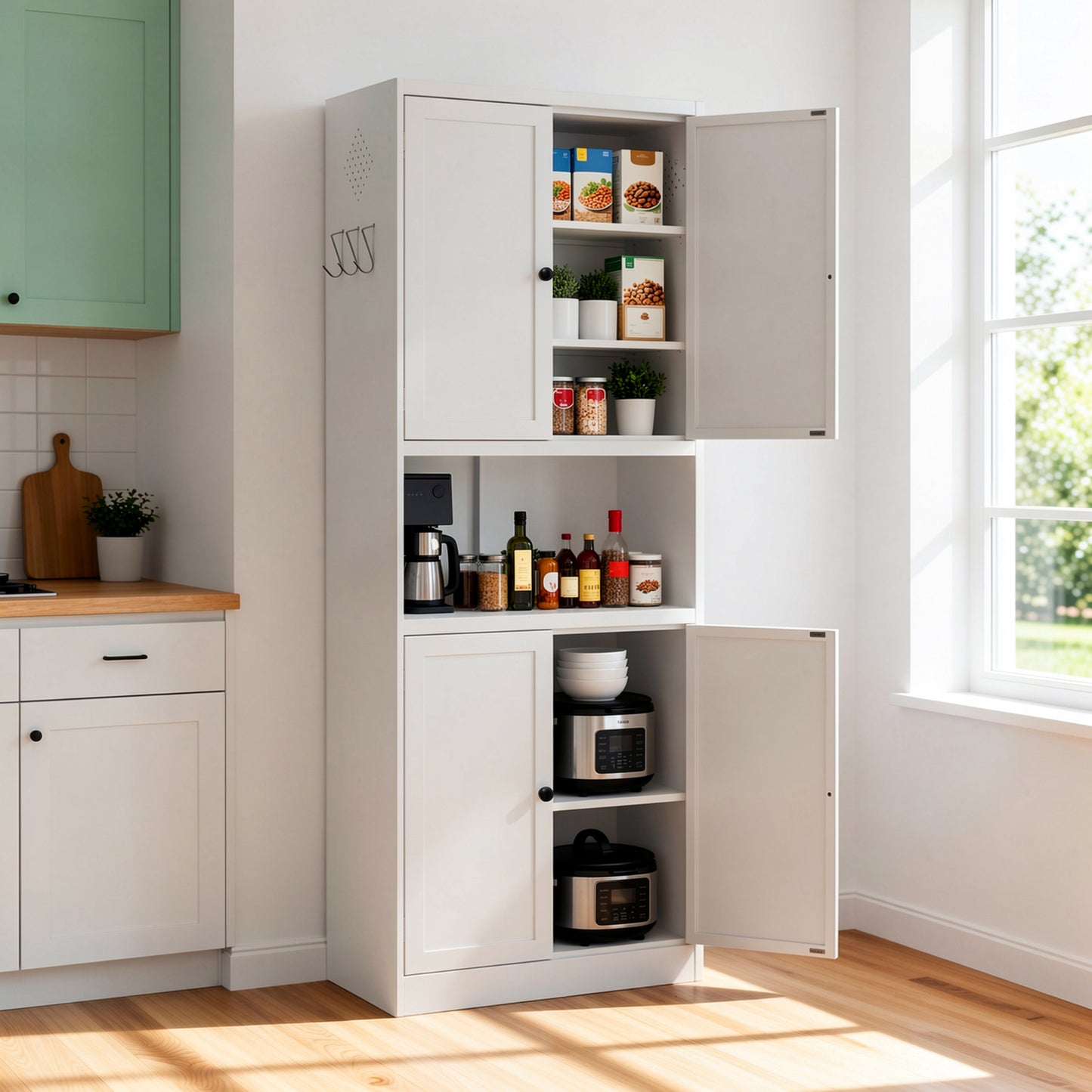 VIYET 72" Kitchen Pantry Cabinet with Large Countertop, Adjustable Shelves & Hooks, White Metal Coffee Bar Storage Cabinet for Kitchen & Dining Room