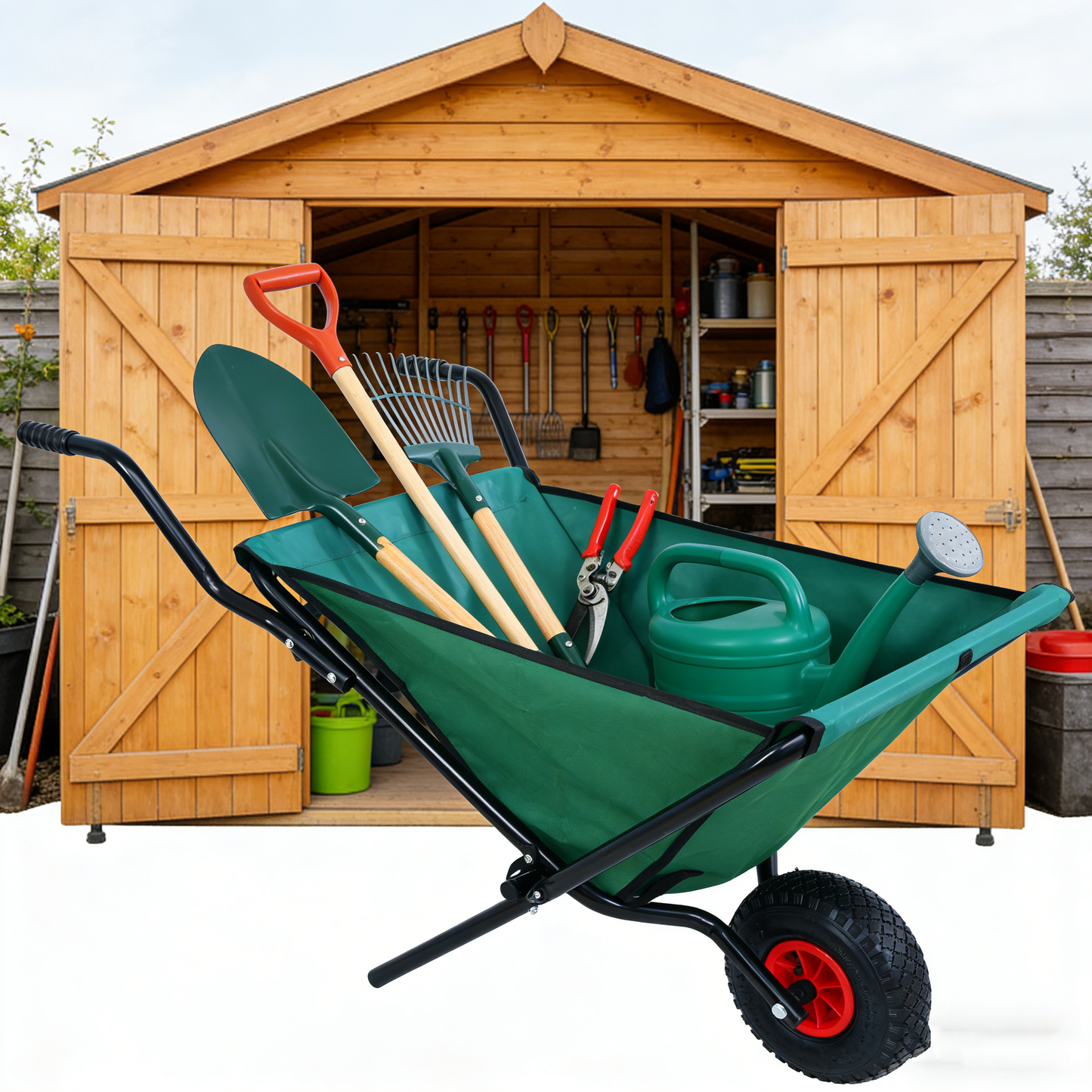 VIYET Collapsible Folding Wheelbarrow, 176 Lbs Lightweight Garden Cart, Heavy-Duty Oxford Cloth Yard Cart with 10" Pneumatic Tire for Lawn, Green