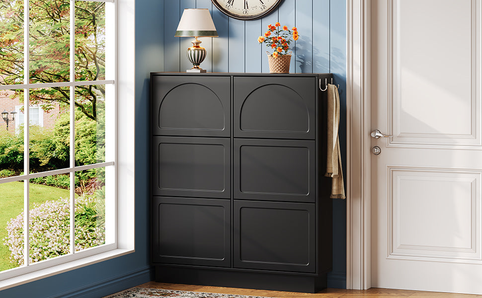 VIYET 49" 6-Flip-Drawer Narrow Shoe Cabinet, Black MDF Cream-Style Organizer w/ Adjustable Shelves & 3 Silver Hooks