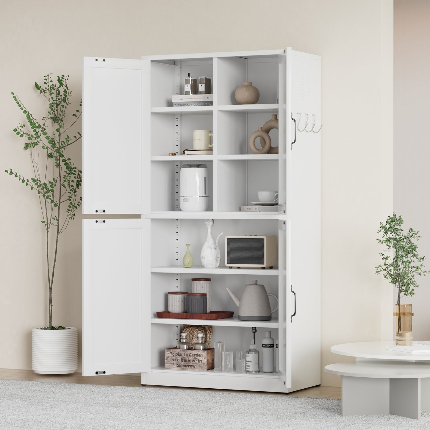 VIYET 64"H Heavy-Duty White Steel Pantry Cabinet,55LBS/Shelf Adjustable Shelves+Magnetic Door,for Kitchen/Bathroom/Living Room