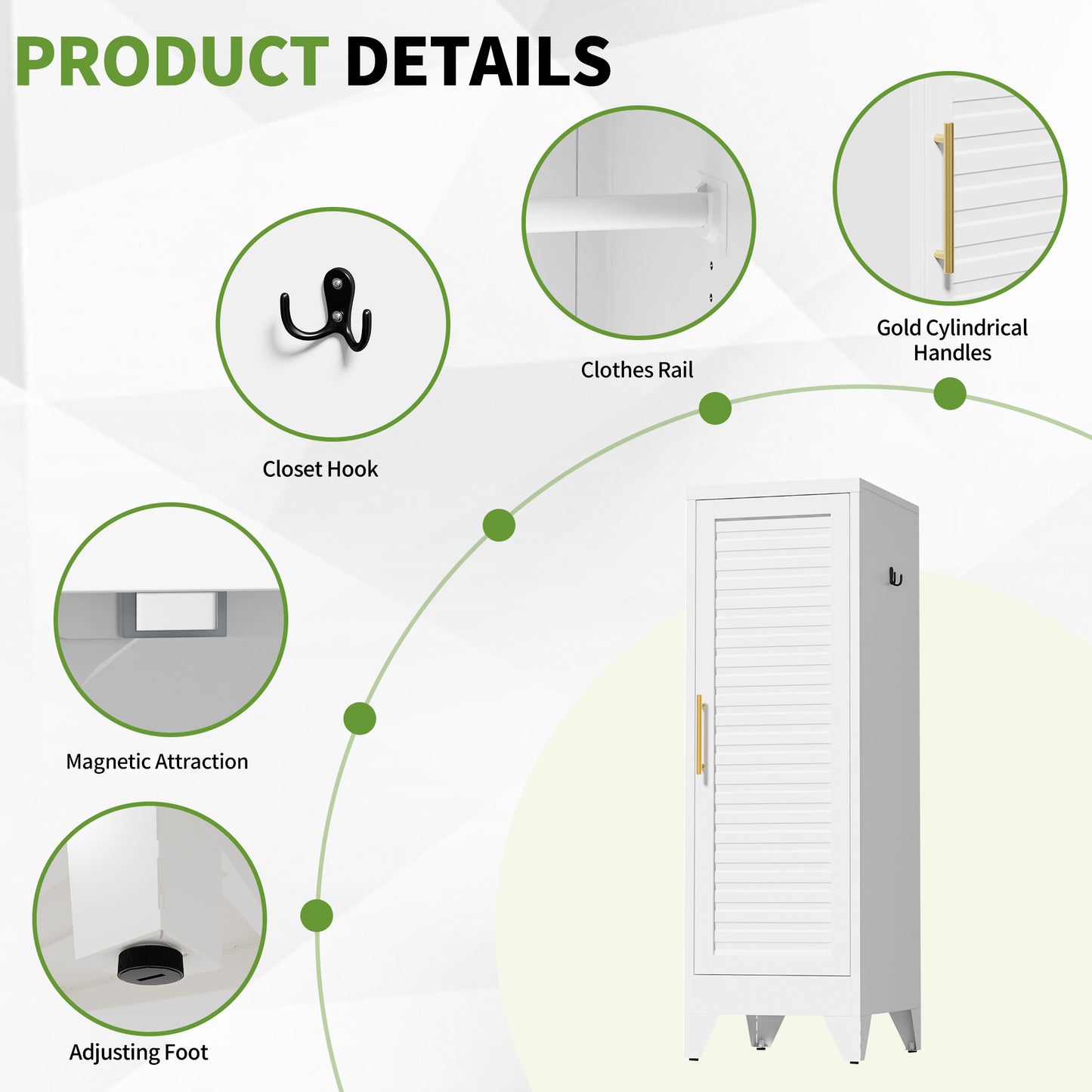 VIYET 47.2" Narrow Metal Wardrobe Closet, Slim Storage Cabinet with Louvered Door and Hanging Rail, Freestanding Clothes Organizer for Bedroom, Apartment, Dorm, White