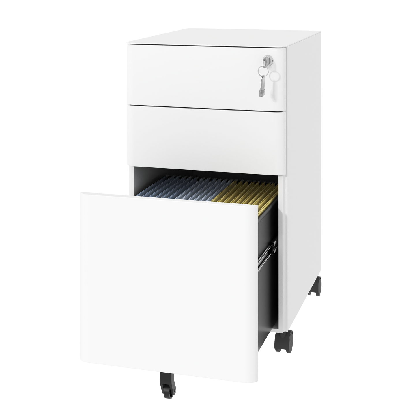 VIYET 3-Drawer Mobile File Cabinet with Lock - All-Steel Anti-Tip Design, Shallow + Deep Drawer, White for Office/Home (Fits A4/Letter)