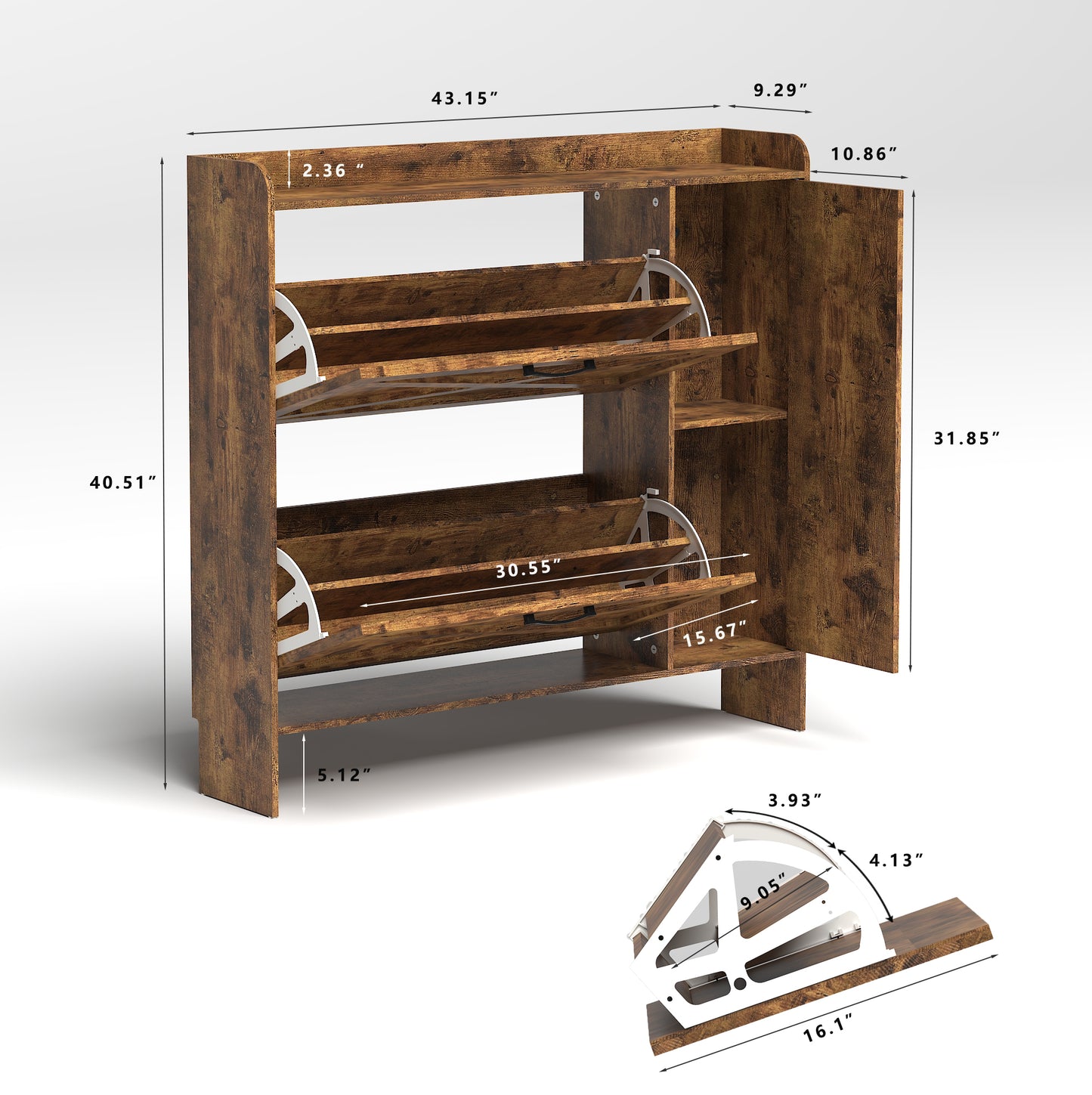 VIYET 41" Rustic Brown Freestanding Shoe Cabinet - MDF, 2 Flip Drawers & Mirror Doors, Narrow Entryway Storage, Customizable