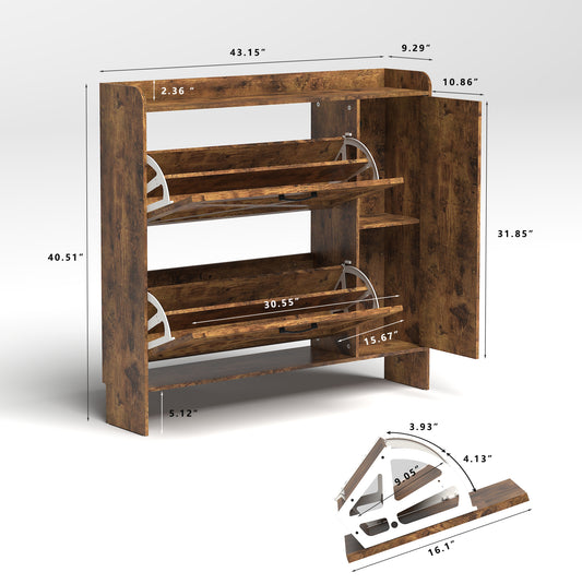 VIYET 41" Rustic Brown Freestanding Shoe Cabinet - MDF, 2 Flip Drawers & Mirror Doors, Narrow Entryway Storage, Customizable