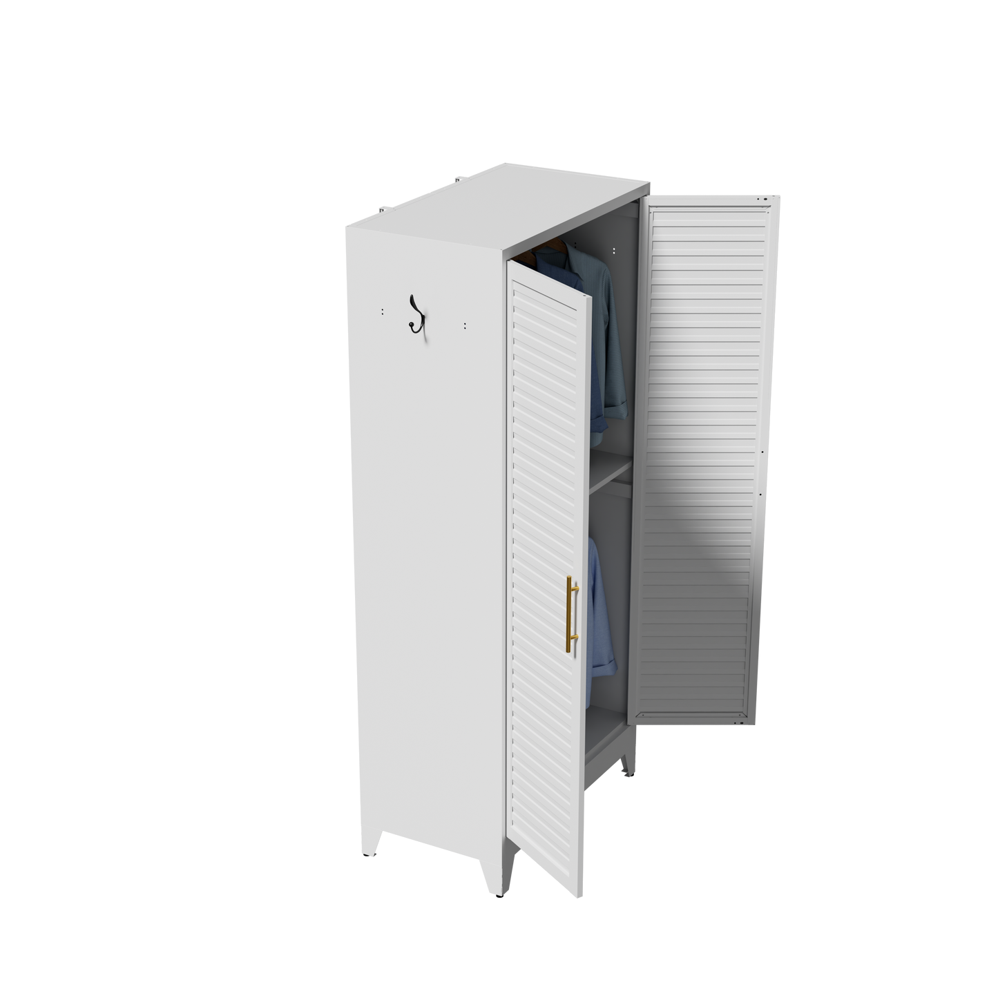VIYET 71" Metal Wardrobe Closet with Adjustable Hanging Rod, Louvered Doors, Side Hooks & Shelves, Heavy Duty Clothing Storage Cabinet for Bedroom, Laundry Room, White