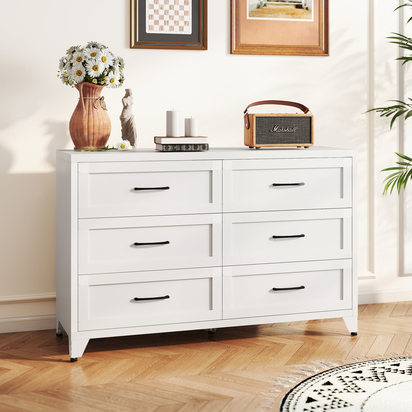 VIYET 6-Drawer White Dresser for Bedroom, Modern Metal Storage Chest with Smooth-Glide Drawers for Closet, Hallway & Entryway