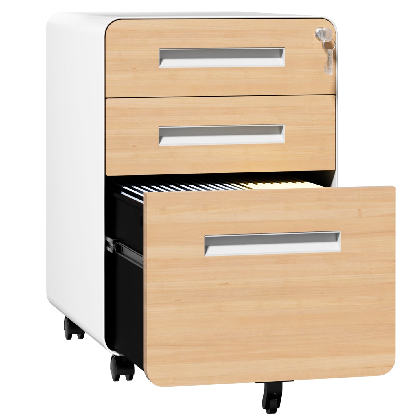 VIYET 3 Drawer Mobile File Cabinet with Lock, Wood Grain Metal Rolling Filing Cabinet on Wheels, Steel Office Storage Cabinet for Letter Legal Files