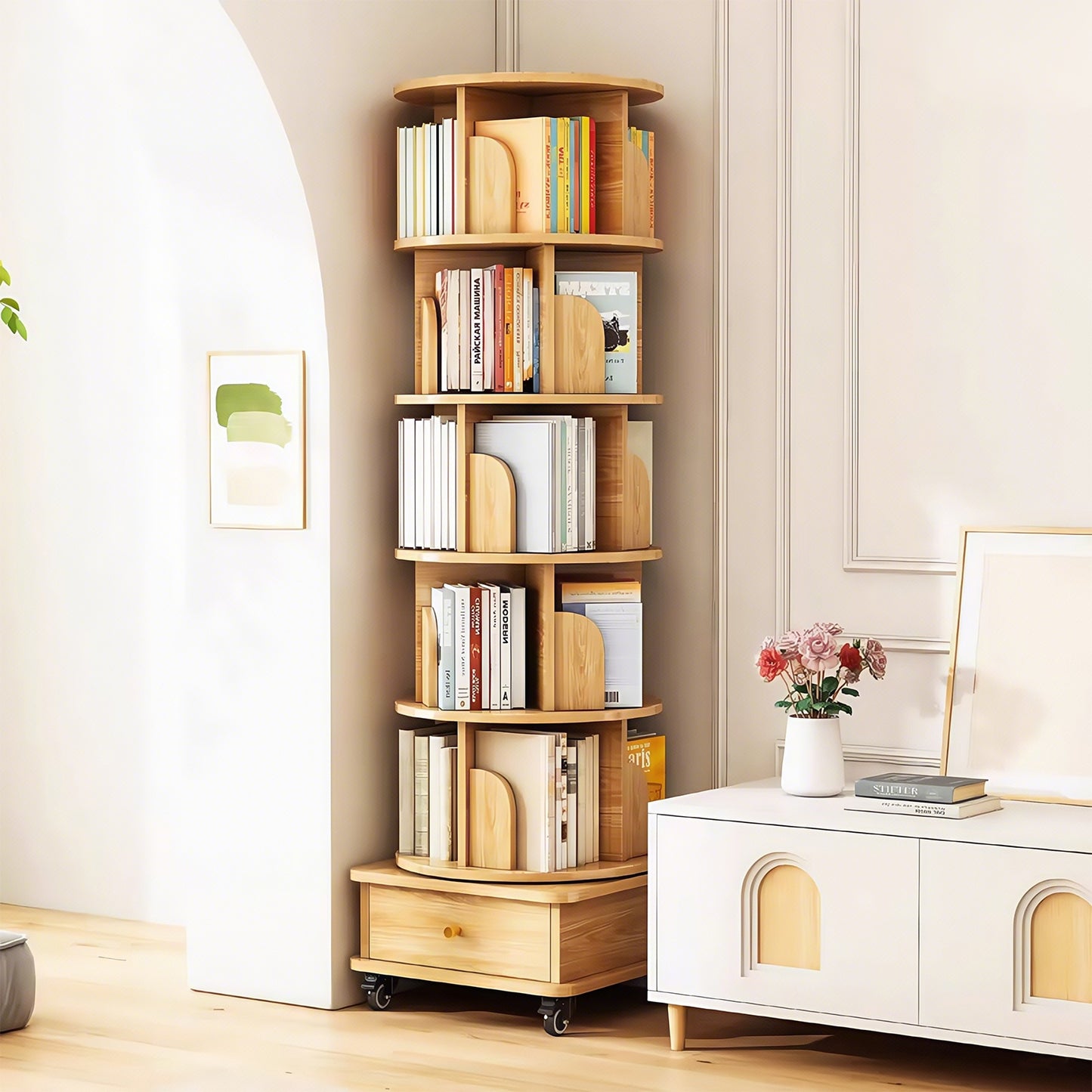 VIYET 68" 6-Tier 360° Rotating Bookshelf, Wood Color MDF Tower w/ Wheels & Drawer (Space-Saving Storage for Home/Office)