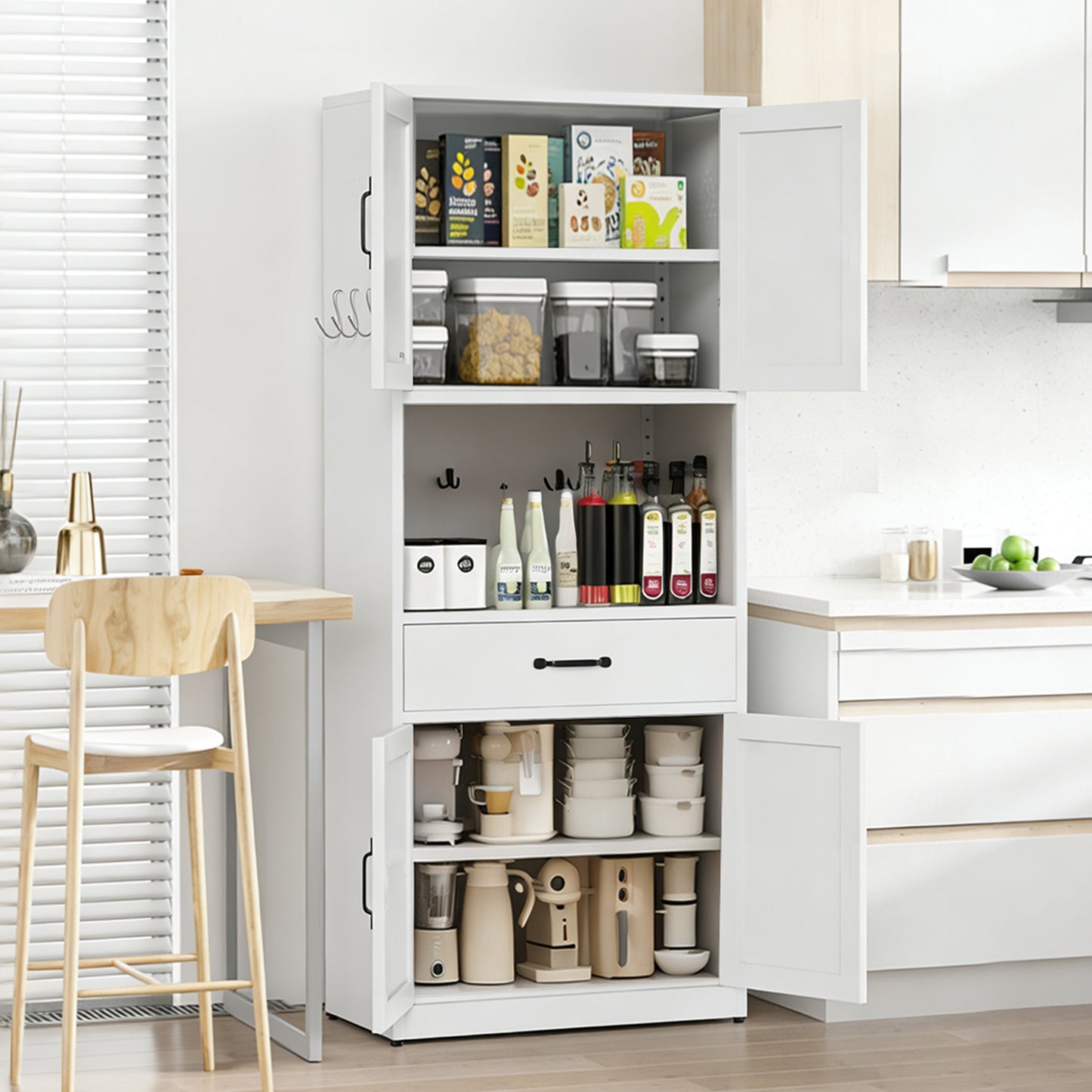 VIYET 71"H Heavy-Duty White Steel Pantry Cabinet,Large Countertop+Adjustable Shelves+Drawers+Hooks,Modern Storage for Kitchen/Bathroom/Living Room