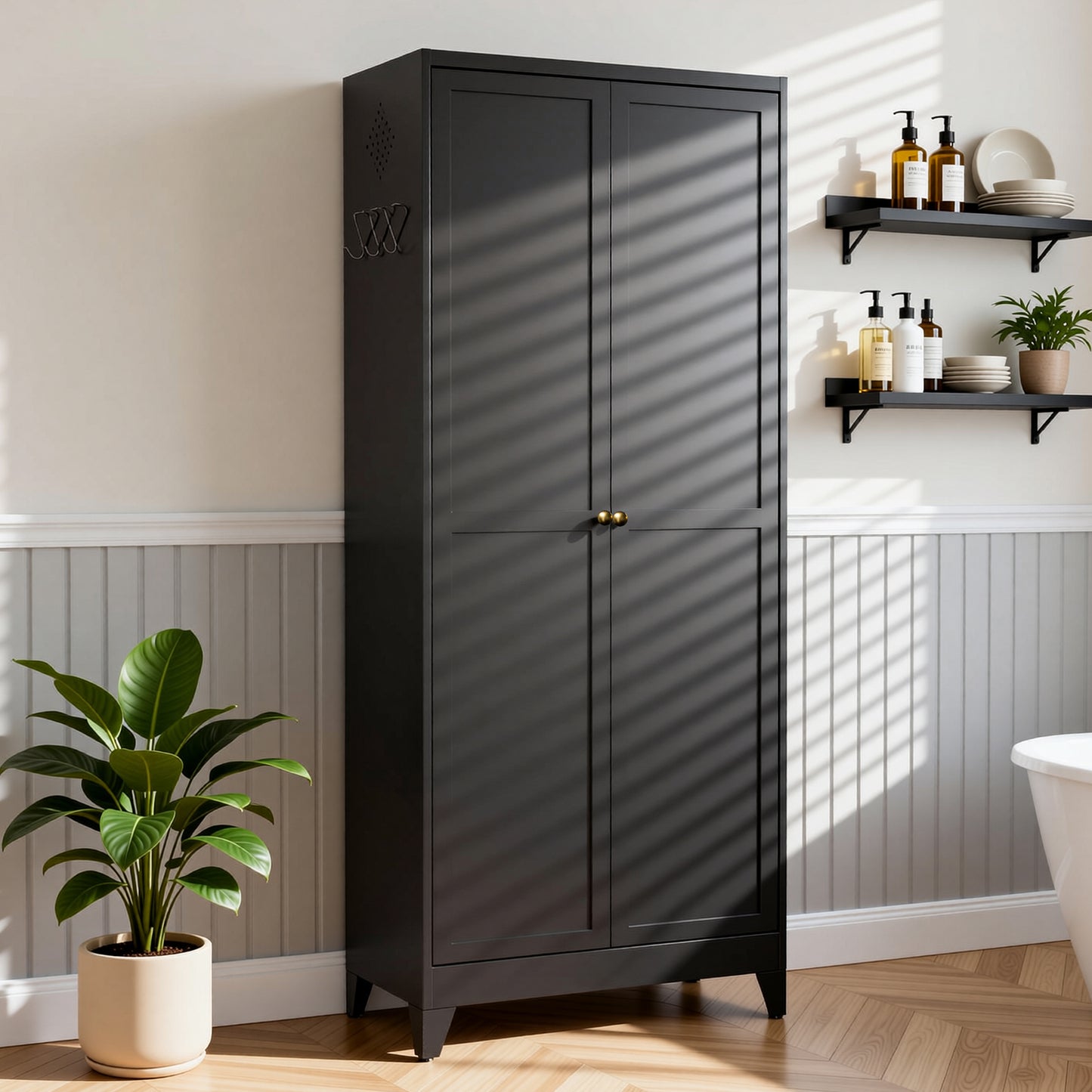 VIYET 75" Metal Kitchen Pantry Cabinet, Tall Freestanding Storage Cabinet with 5 Adjustable Shelves, Heavy Duty Steel Organizer for Kitchen, Dining Room, Black