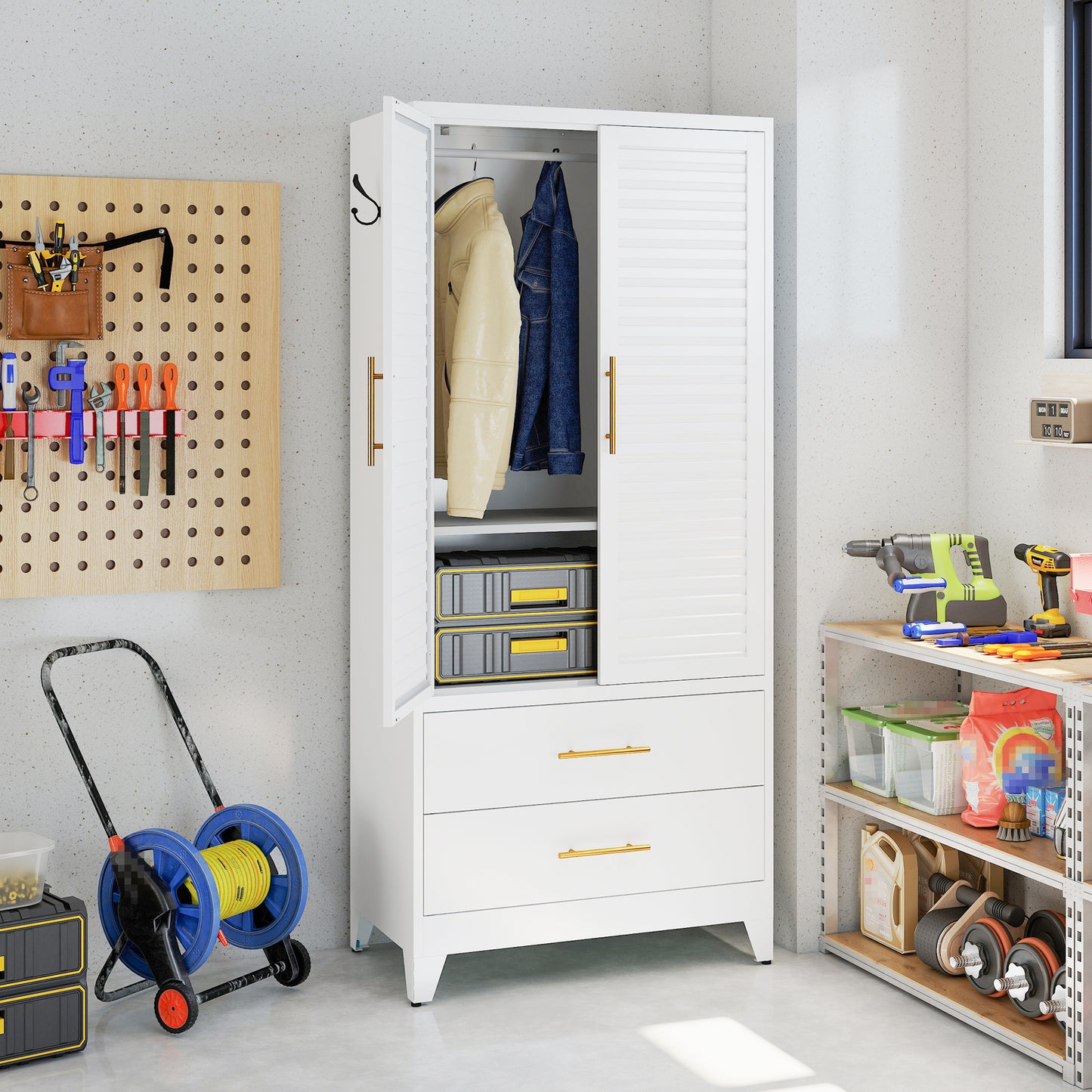 VIYET 71" Metal Wardrobe Closet with 2 Doors & 2 Drawers, Freestanding Steel Storage Cabinet with Hanging Rod & Adjustable Shelf