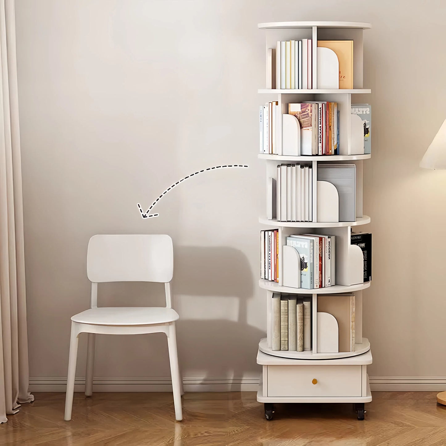 VIYET 68" 6-Tier 360° Rotating Bookshelf, WhiteColor MDF Tower w/ Wheels& Drawer (Space-Saving Storage for Home/Office)