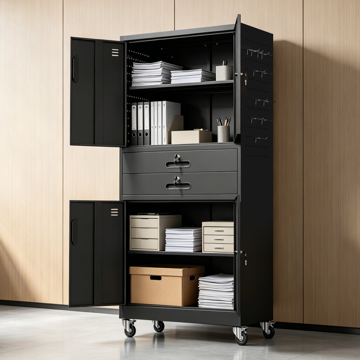 VIYET 71" Metal Garage Storage Cabinet with Drawers, Locking Doors, Pegboard, Wheels & Adjustable Shelves for Workshop Utility Room