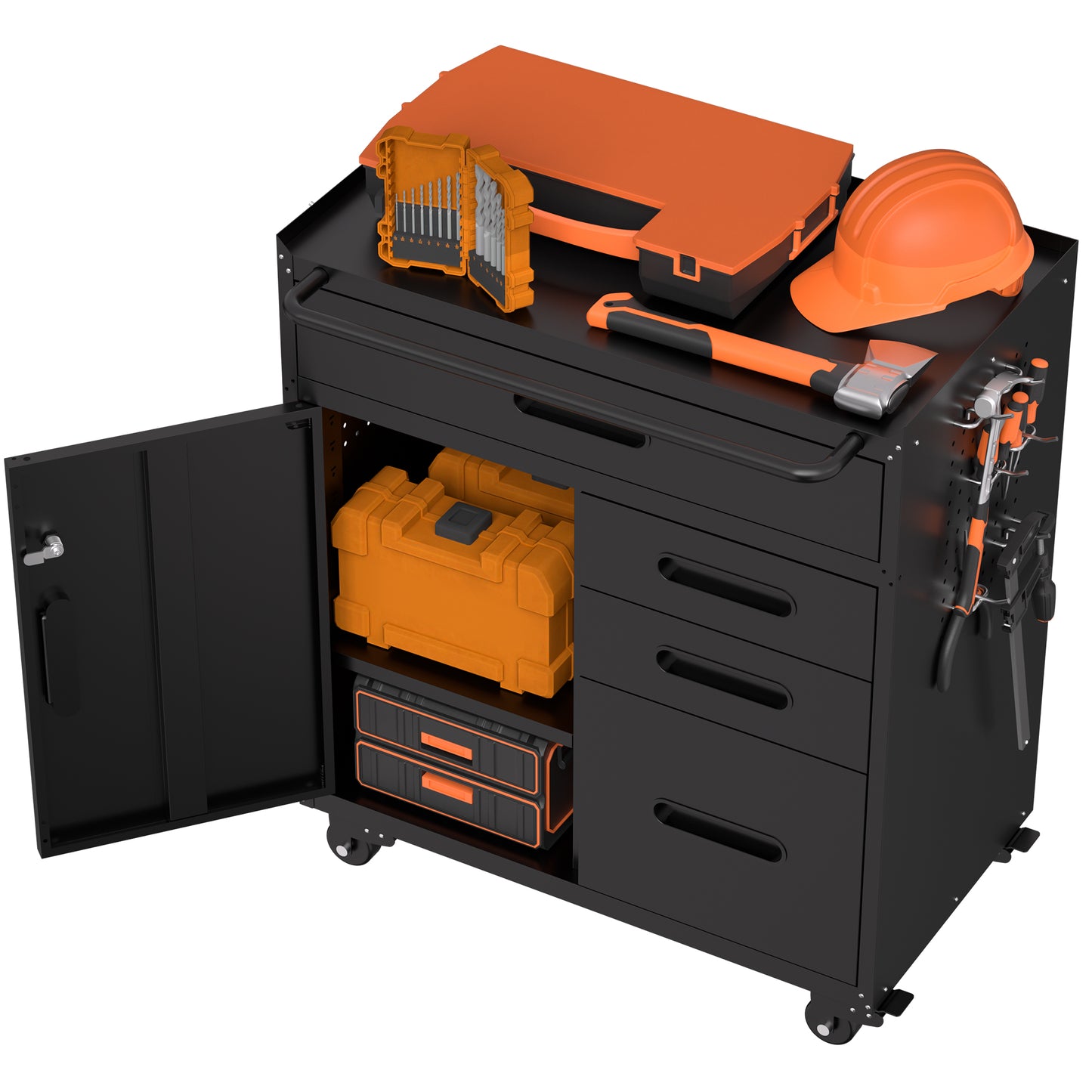 VIYET 34" 4-Drawer Mobile Tool Cabinet - Heavy-Duty Steel Garage Organizer with Lockable Storage Compartment & Rolling Workshop Chest, Black