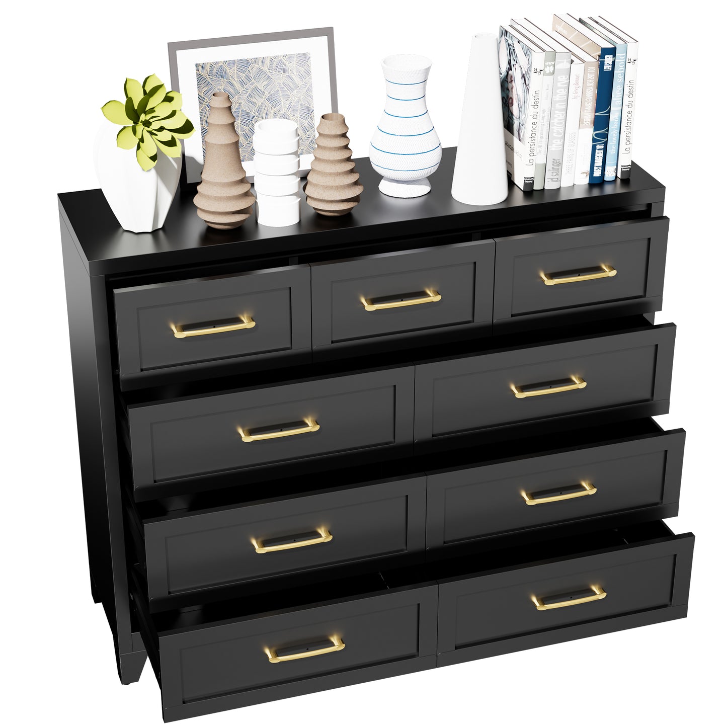 VIYET 9-Drawer Black Dresser for Bedroom, Tall Wide Chest of Drawers with Smooth-Glide Storage