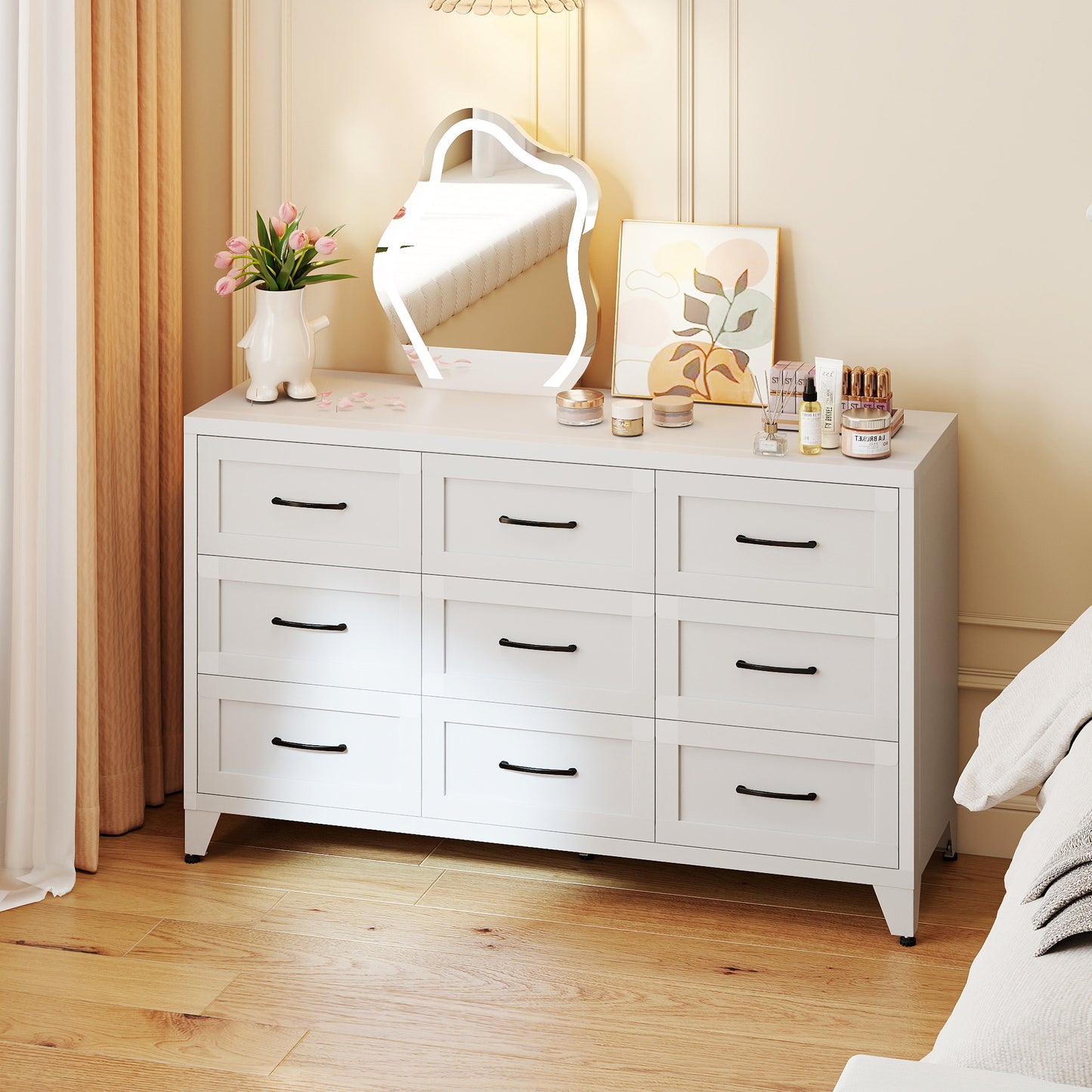 VIYET 9-Drawer Wide Dresser, White Bedroom Storage Chest with Smooth-Glide Drawers for Closet, Hallway & Entryway