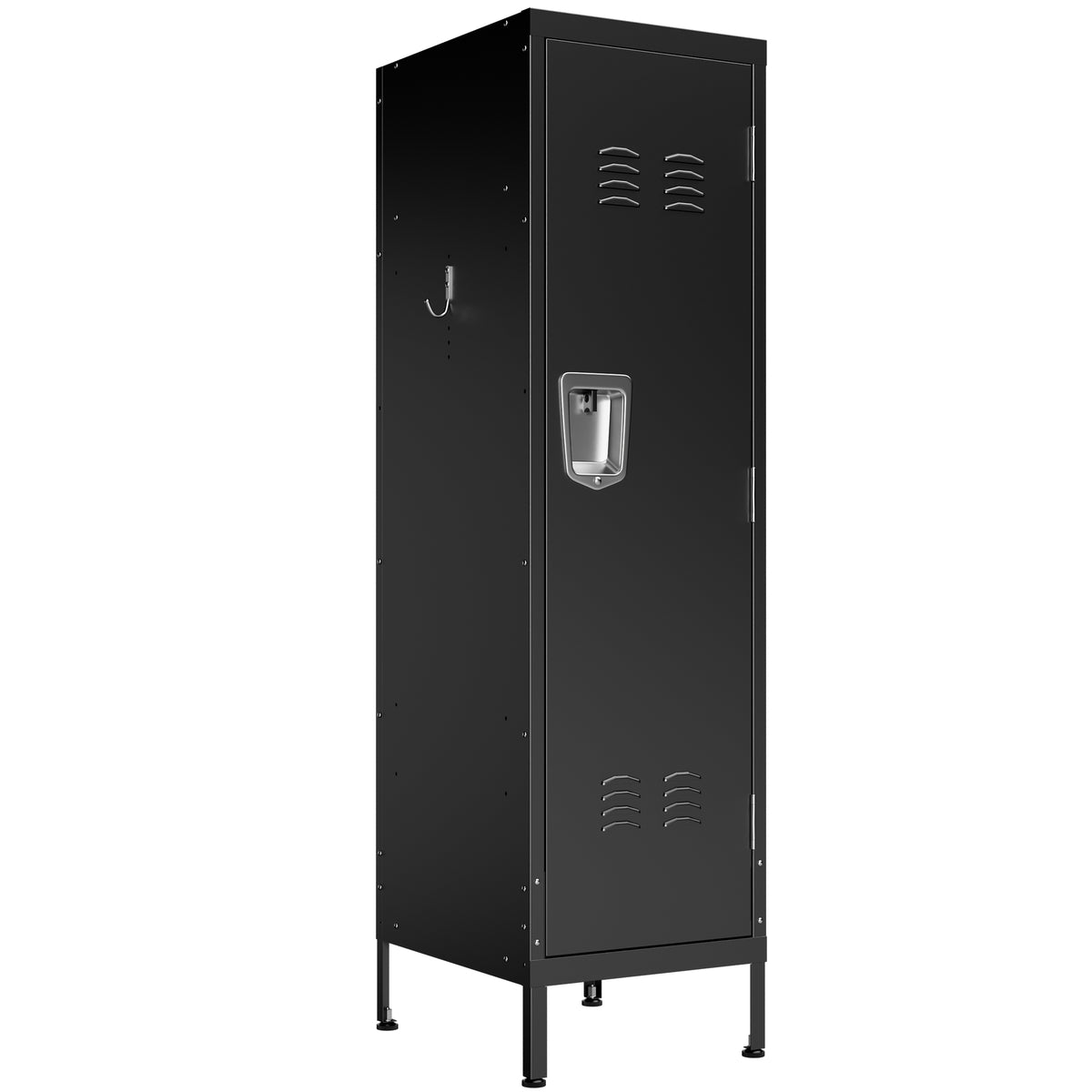 VIYET 55" Metal Wardrobe Cabinet, Narrow Steel Clothing Storage with Lock, Ventilated Door & Side Hooks, Bedroom Closet for Small Spaces, Black