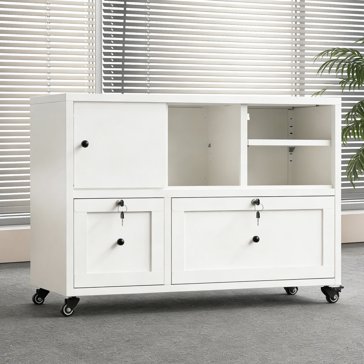 VIYET 28" White Metal 2-Drawer Lateral File Cabinet with Lock and Wheels, Rolling Office Storage for Letter, Legal & A4 Files