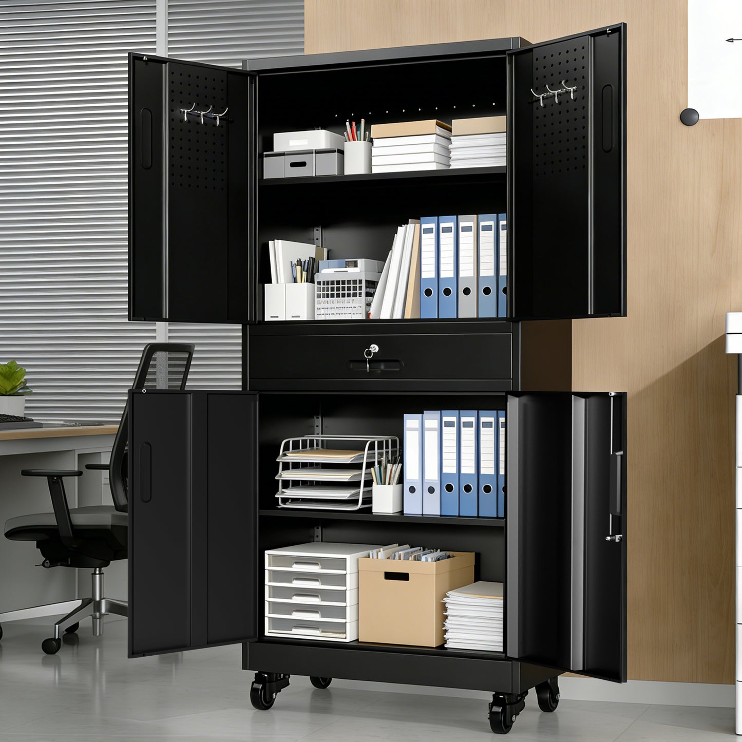 VIYET 71" Metal Garage Storage Cabinet with Drawer, Lockable Doors, Adjustable Shelves, Pegboard & Rolling Wheels for Home Office Utility